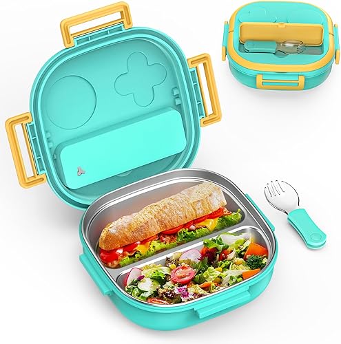 Miniatura 7 de Caja Bento de acero inoxidable para niños, a prueba de fugas, 3 compartimentos, lonchera con cubiertos portátiles, tamaños de porciones ideales para