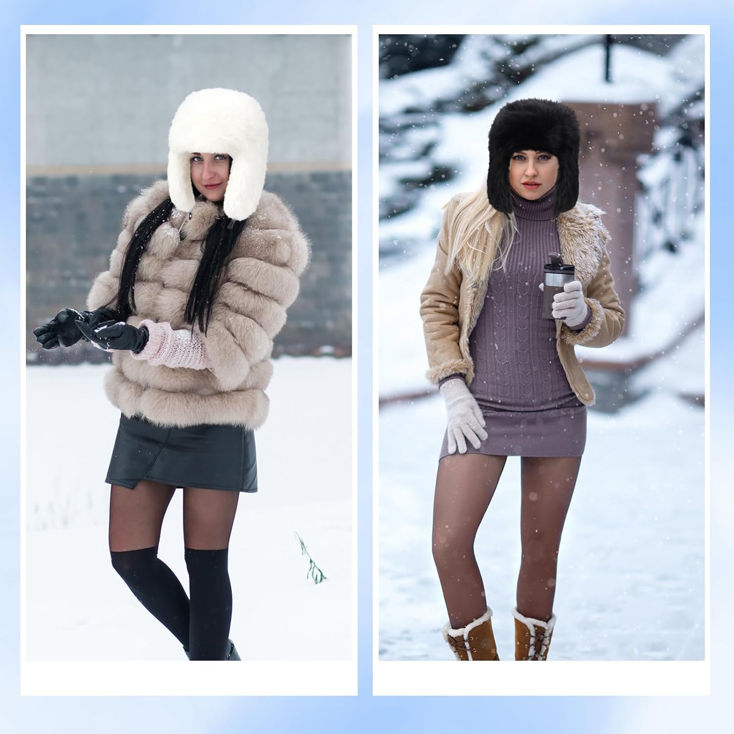 Mepase 2 Pack Faux Fur Hat for Women Fuzzy Warm Ushanka Hat Winter Fluffy Supplies for Ladies(Black and White) - Image 5