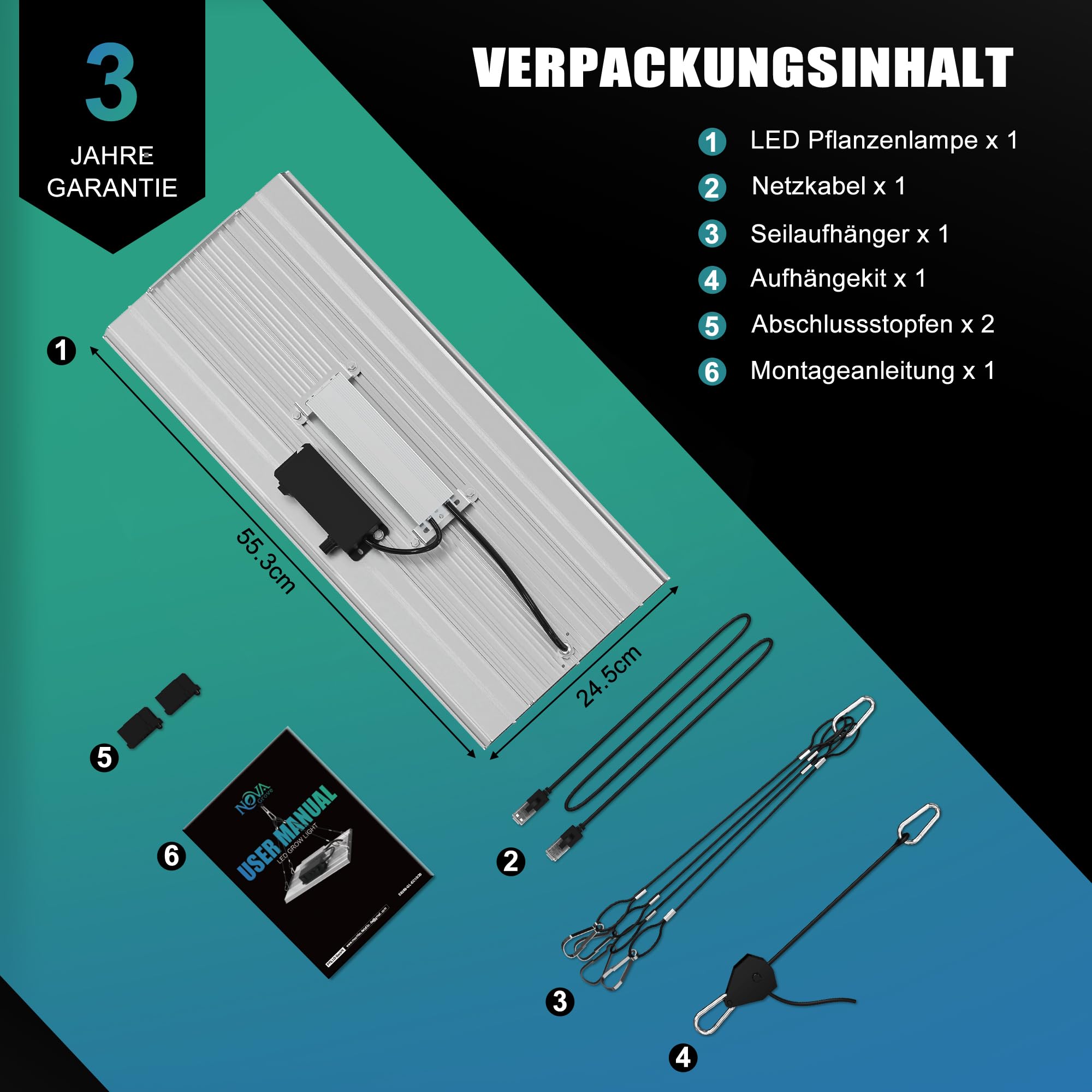 NovaGrove Lampa LED do uprawy roślin, pełne spektrum, 200 W, lampa do uprawy roślin, 60 x 120 cm, z możliwością ściemniania i łańcuchem stokrotki, EC20