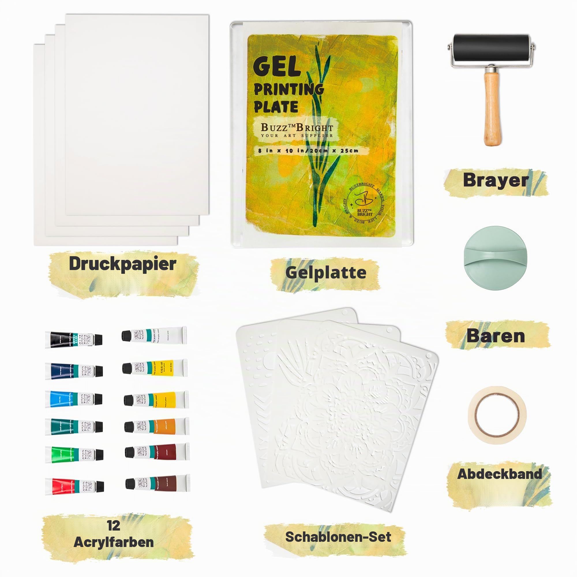 Gelteller-Druck-Starter-Set, wiederverwendbar, 20,3 x 25,4 cm, enthält Brayer, Druckpapier, Farben und wichtige Werkzeuge für Monotyp-Druckherstellung, Kartenherstellung, Scrapbooking