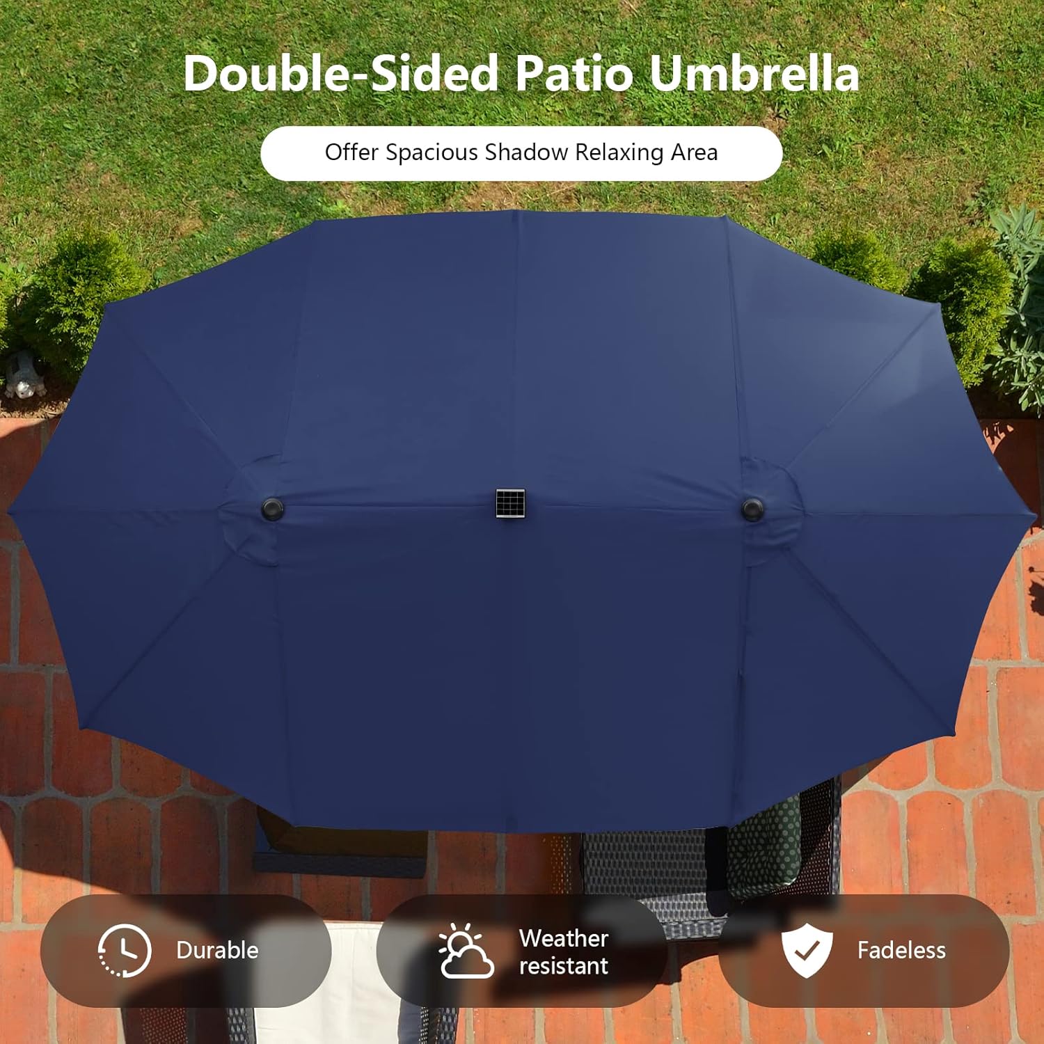 Tangkula 15 Ft Solar Patio Umbrella, Double-Sided Extra Large Outdoor Market Table Umbrella with 48 LED Lights, Crank Handle, 12 Sturdy Ribs for Poolside, Garden & Backyard (Navy)