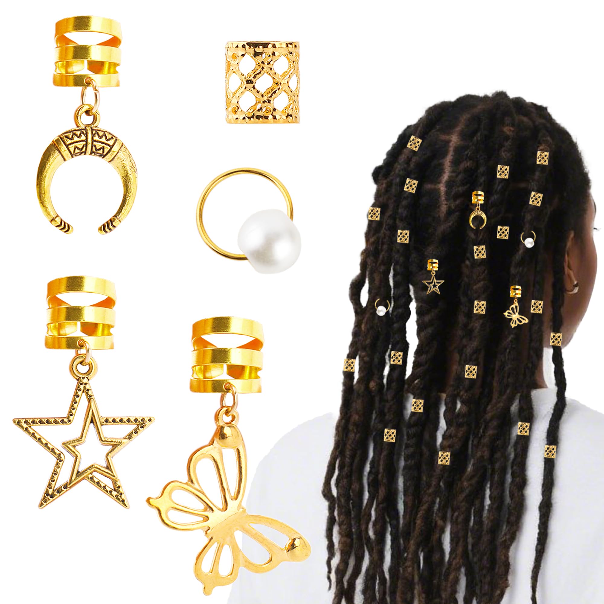 Hair Jewelry for Braids, 25Pcs Gold Dreadlock Accessories, Adjustable Metal Hair Cuffs with Butterfly Star Moon Pendants, Rings Charms for Locs, Braid