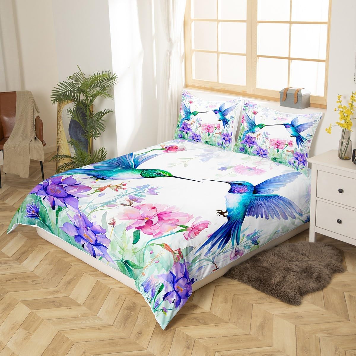 Hummingbird Girls Comforter Cover Butterfly Flower Birds Bedding Sets Wild Animals Duvet Cover Set Floral Plants Fresh Nature Bedspreads Cover 3 Pieces For Women Bedroom Decor Queen Size Green