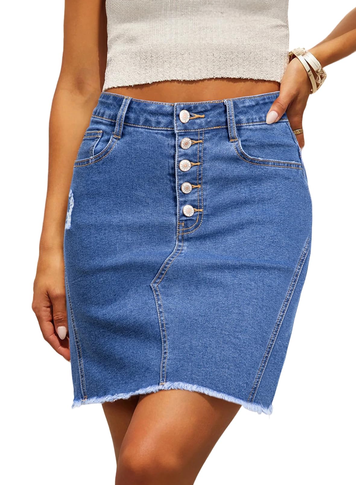 Sidefeel Womens Jean Skirt Stretchy Ripped Frayed Button Fly Summer Denim Skirt