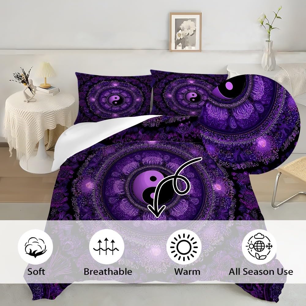 Pościel 155 x 220 cm, wzór czeskiego mandali, komplet pościeli, 100% mikrofibra, nie wymaga prasowania, nie gniecie się, można prać w pralce, kolor fioletowy, dwustronna, z poszewką na poduszkę 80 x