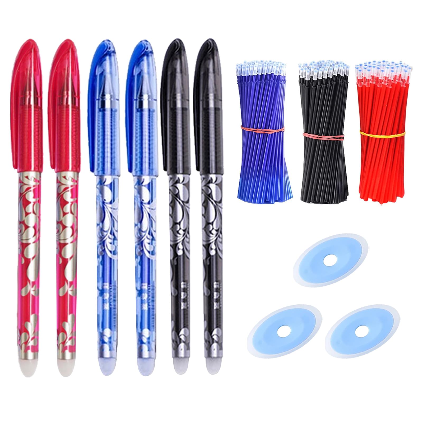 66 Piezas Recambio Bolígrafo Borrable, Tinta Boli Borrable 0.5mm, Repuestos Bolígrafos para Pilot Frixion, Incluye 6 Bolígrafos, 3 Goma Boligrafo Borrable, Ideal para Estudiantes (Negro, Azul, Rojo)