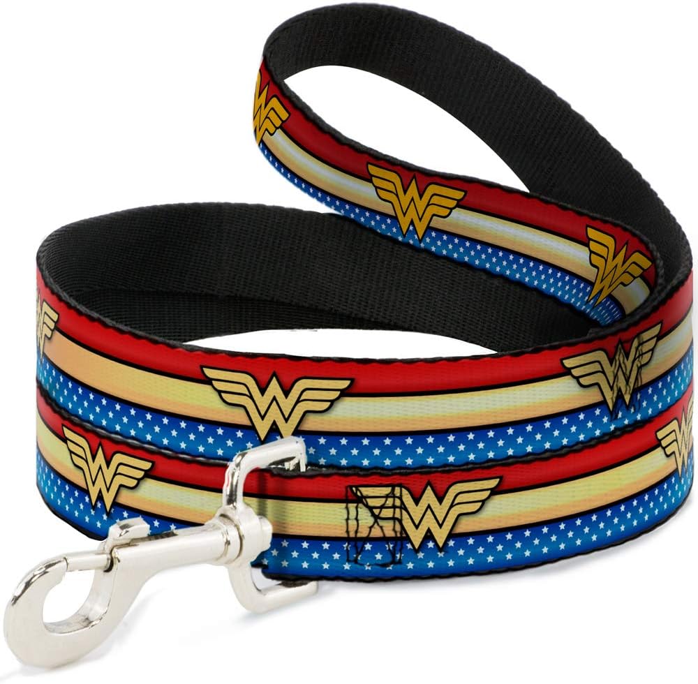 Dog Leash Wonder Woman Logo Stripe Stars Red Gold Blue White 6 Feet Long 1.0 Inch Wide