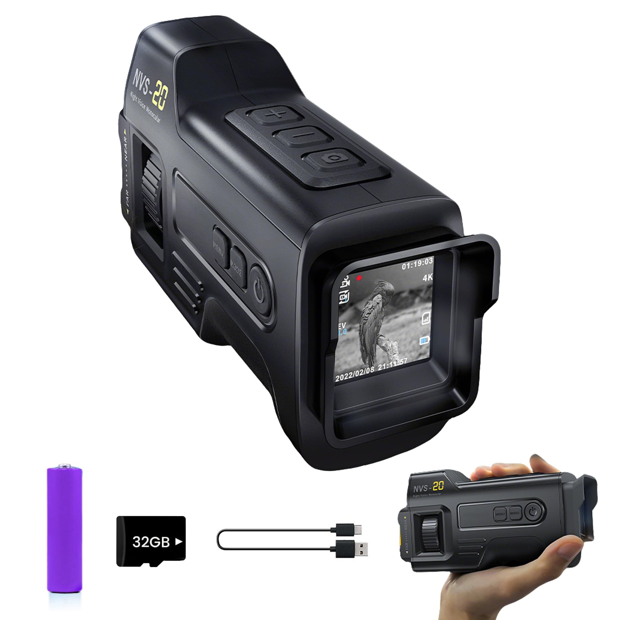 NVS-20 4K 36MP Monocular Vision Nocturna para Adultos, Zoom 6X Visor Nocturno con IR 850nm 7 Niveles, Pantalla de 1,54", Batería 18650 Extraíble, Tarjeta 32GB, para Exteriores, Camping