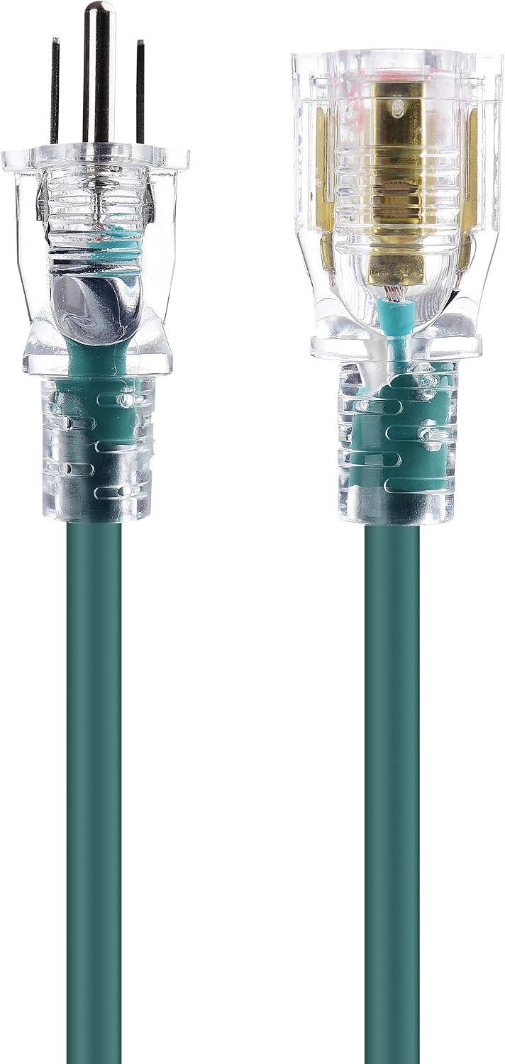 Cable Matters Lighted 16/3 SJTW Weather Resistant Outdoor Extension Cord 30 ft with LED Light in Green (NEMA 5-15P to 5-15R) - 30 Feet