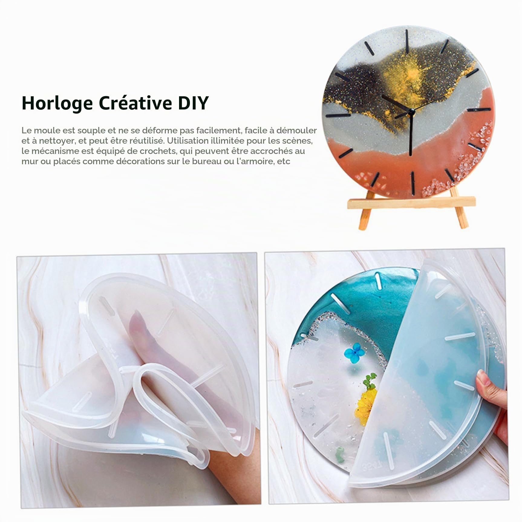 Jorzer Kit D'horloge en Résine 5 Pièces Grands Chiffres Arabes en Silicone Moules D'horloge Bricolage pour Horloge en Résine époxy Moule en Résine avec Mouvement pour Décoration Murale