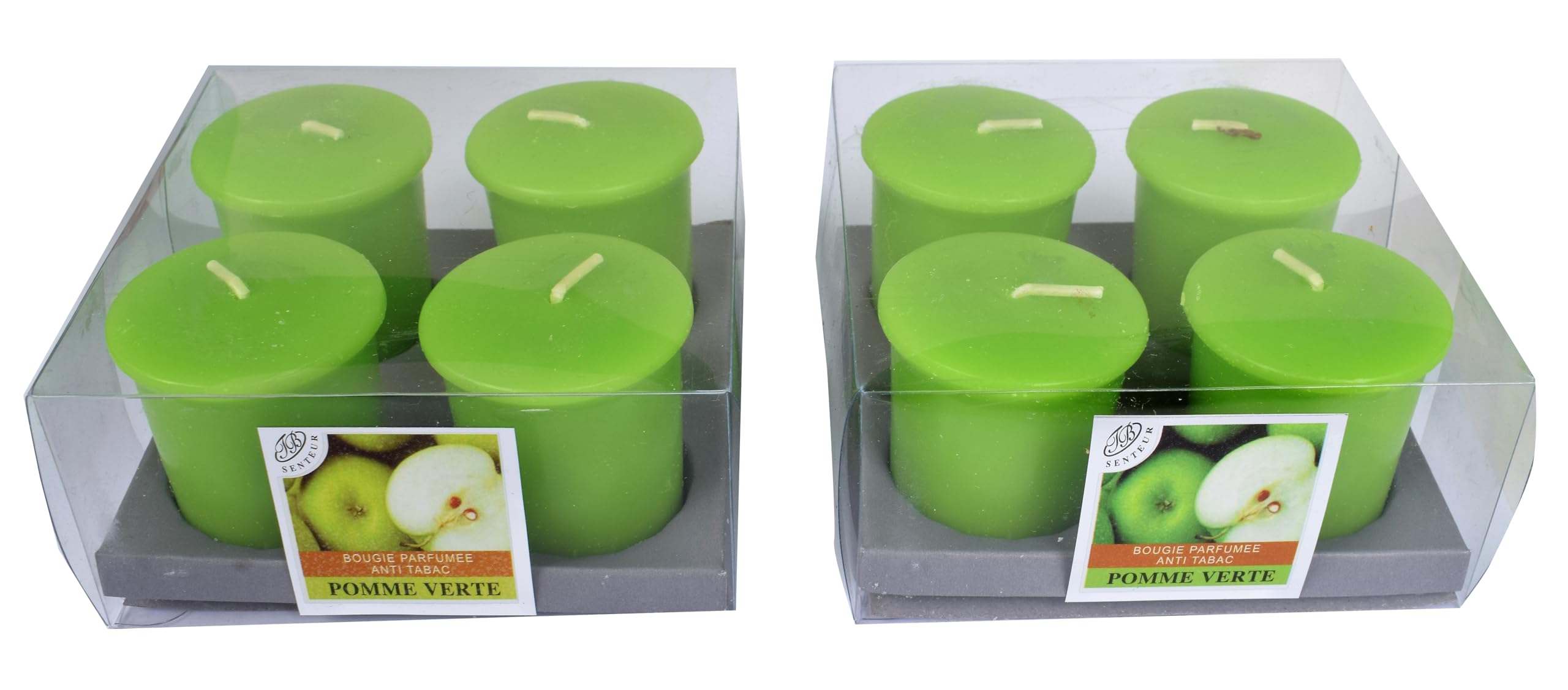 Velas Votivas Decorativas Anti-Tabaco, Verde Manzana 4x6 cm, 10h, Juego de 8