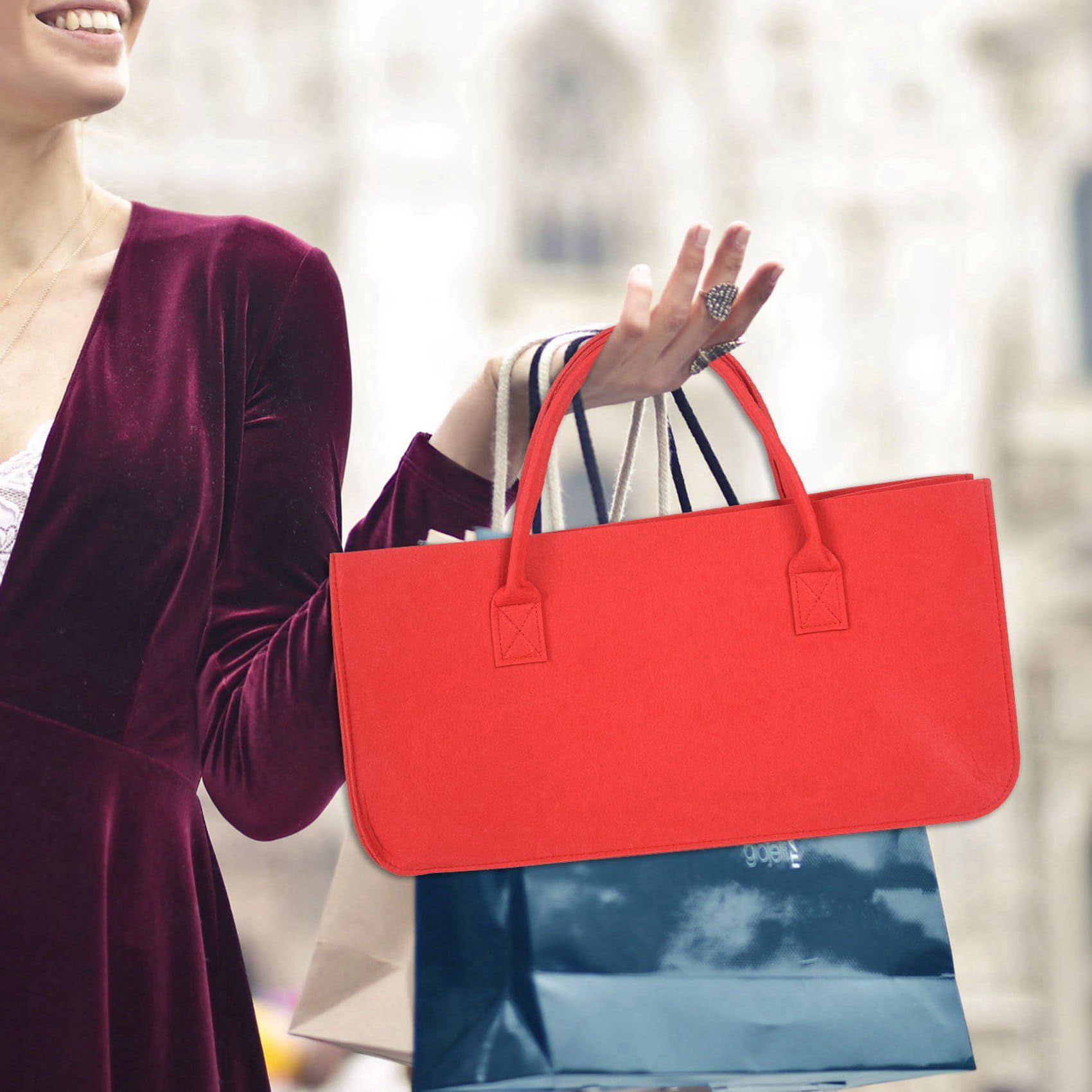8 x Handtasche aus Filz, Aufbewahrungstasche aus Filz, Einkaufstasche, großes Fassungsvermögen – Rot, rot, Einheitsgröße