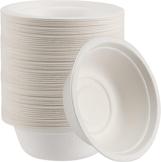 SEUNMUK 150 Pack 350 ML Disposable Paper Bowls Compostable Sugarcane Bagasse Bowls White 12oz, Eco-Friendly and Biodegradable Paper Bowls for Dinner, Picnics, BBQ and Parties