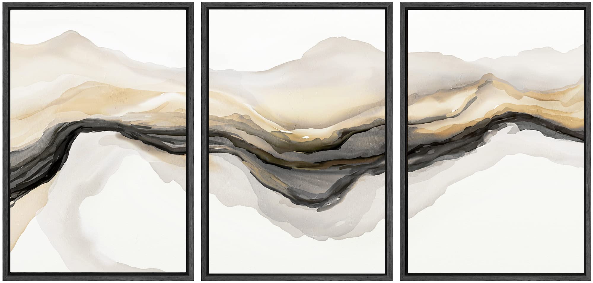 SIGNWIN Framed Canvas Print Wall Art Set Gold Gray Smoke Wave Landscape Abstract Shapes Illustrations Modern Art Decorative Contemporary Colorful for Living Room, Bedroom, Office - 24"x36"x3 Black