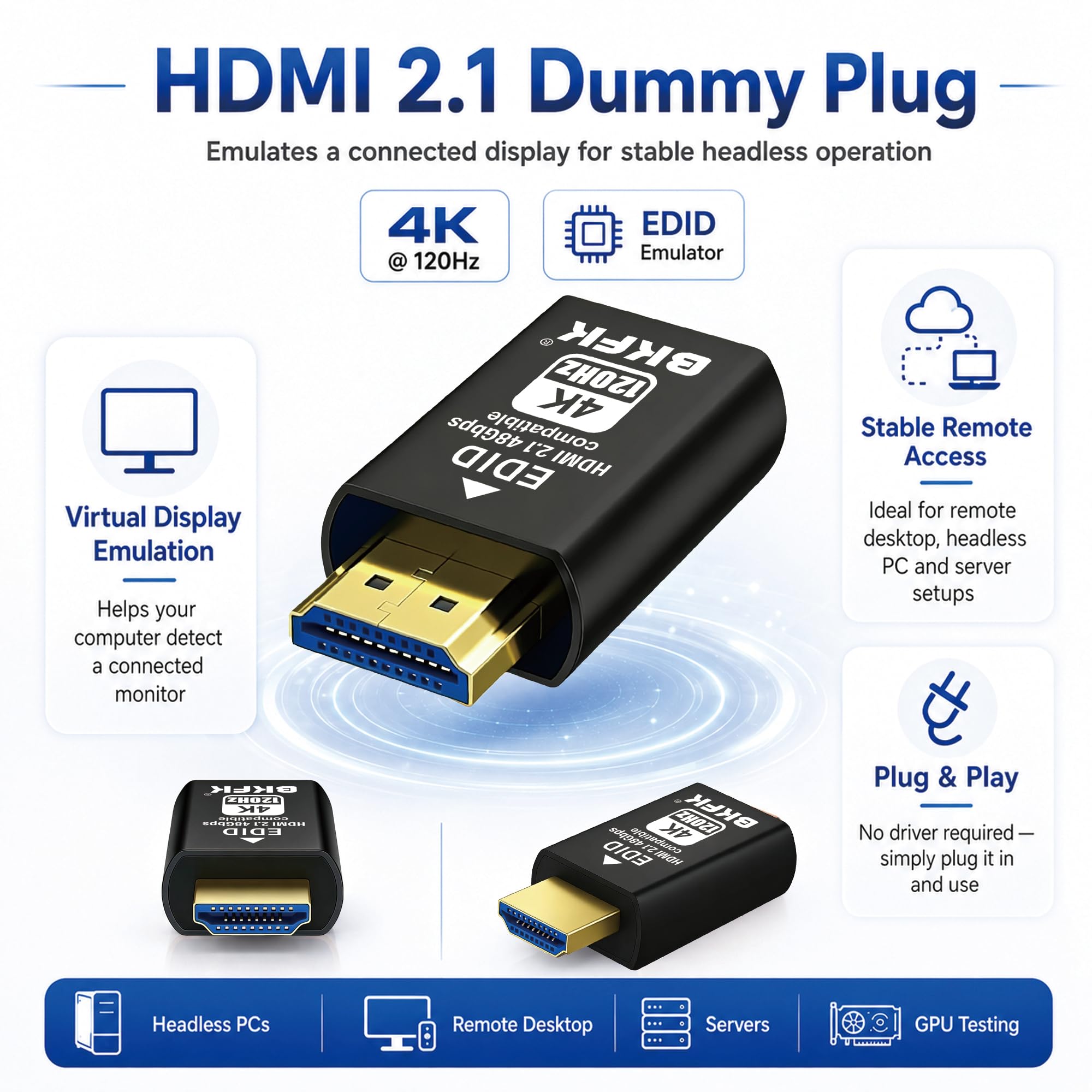 DP 4K 60Hz DisplayPort Prise factice sans tête – Prend en charge 1080p-120Hz EDID Dongle 60Hz pour crypto mining, serveurs distants et bureaux virtuels (2.1-4K-120Hz-2P-)