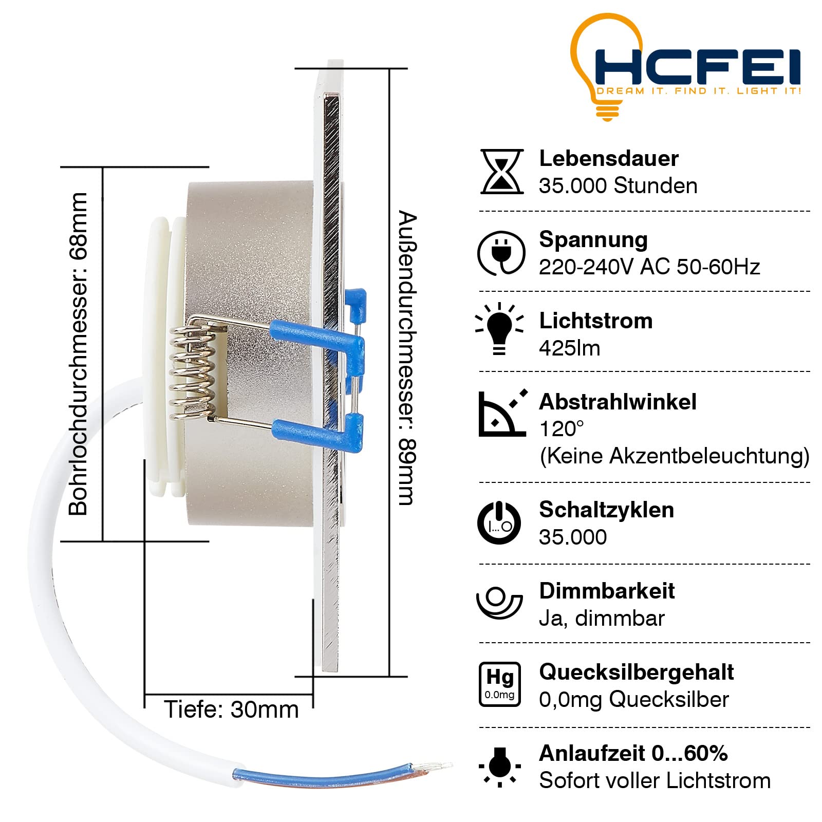 HCFEI Juego de 6 focos LED empotrables de 5 W, intensidad regulable, plano, cuadrado, IP44, para baño, 230 V, foco exterior, blanco cálido, 3000 K