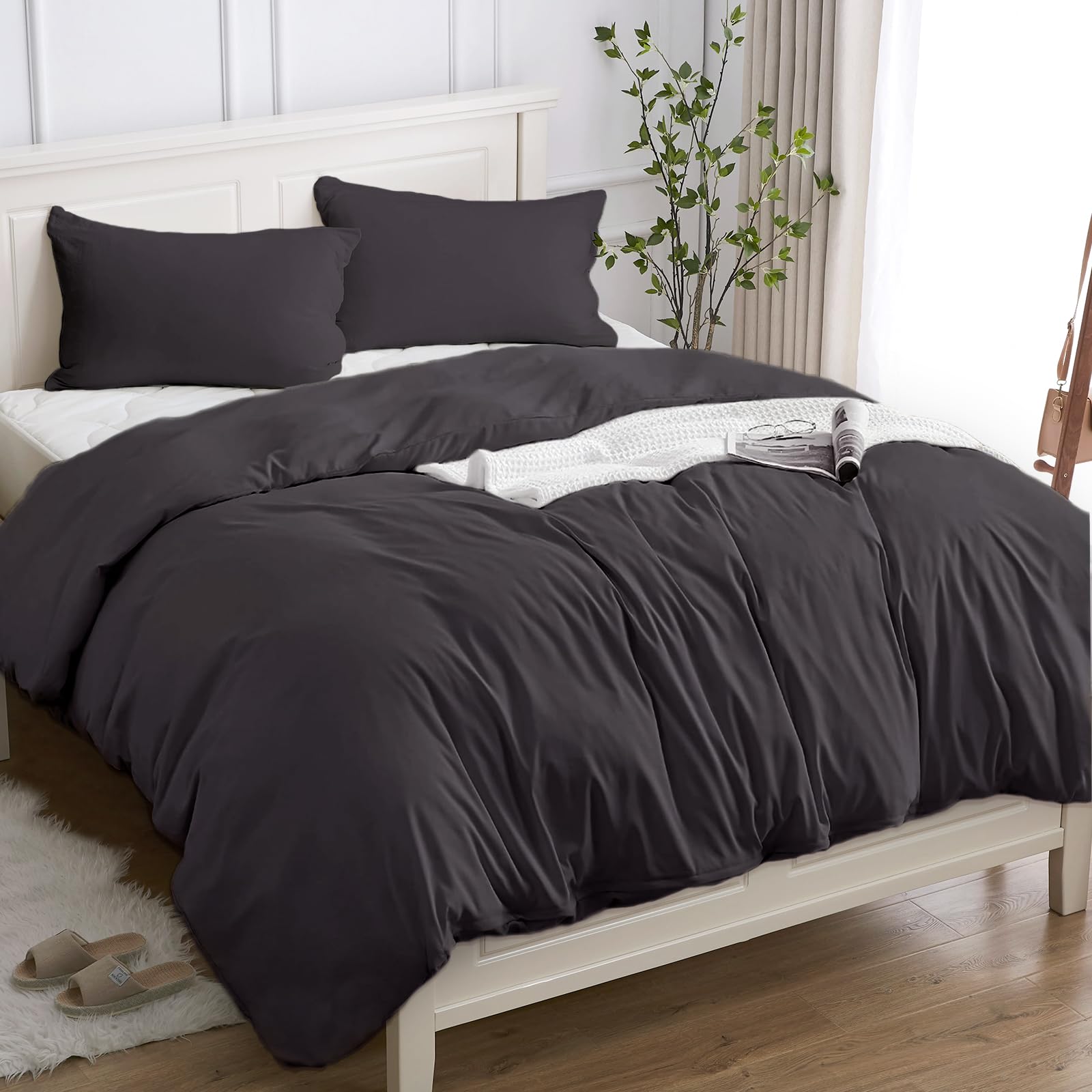 Cotopuro Funda Nórdica Cama 135/150 de 100% Algodón, Juego de Funda Edredón 240x220 y 2 Fundas de Almohada 50x80 Algodón Premium 150GSM, Suave, Transpirable, Hipoalergénico Gris Oscuro