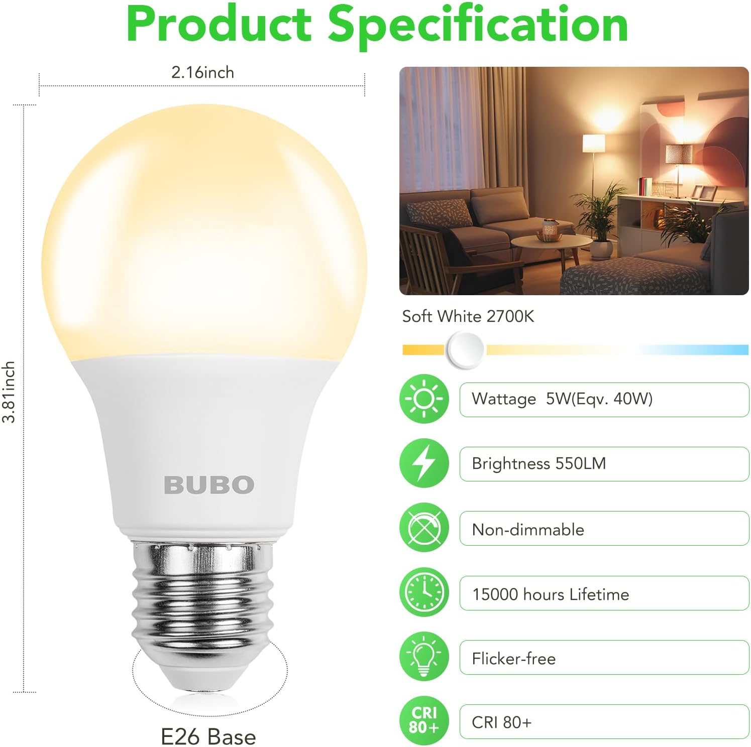 BUBO A19 LED Light Bulbs, 40 Watt Equivalent LED Bulbs, Soft White 2700K, 550 Lumens, E26 Standard Base, Non-Dimmable, 5W Soft White LED Bulbs for Bedroom Living Room Home Office, 36 Pack