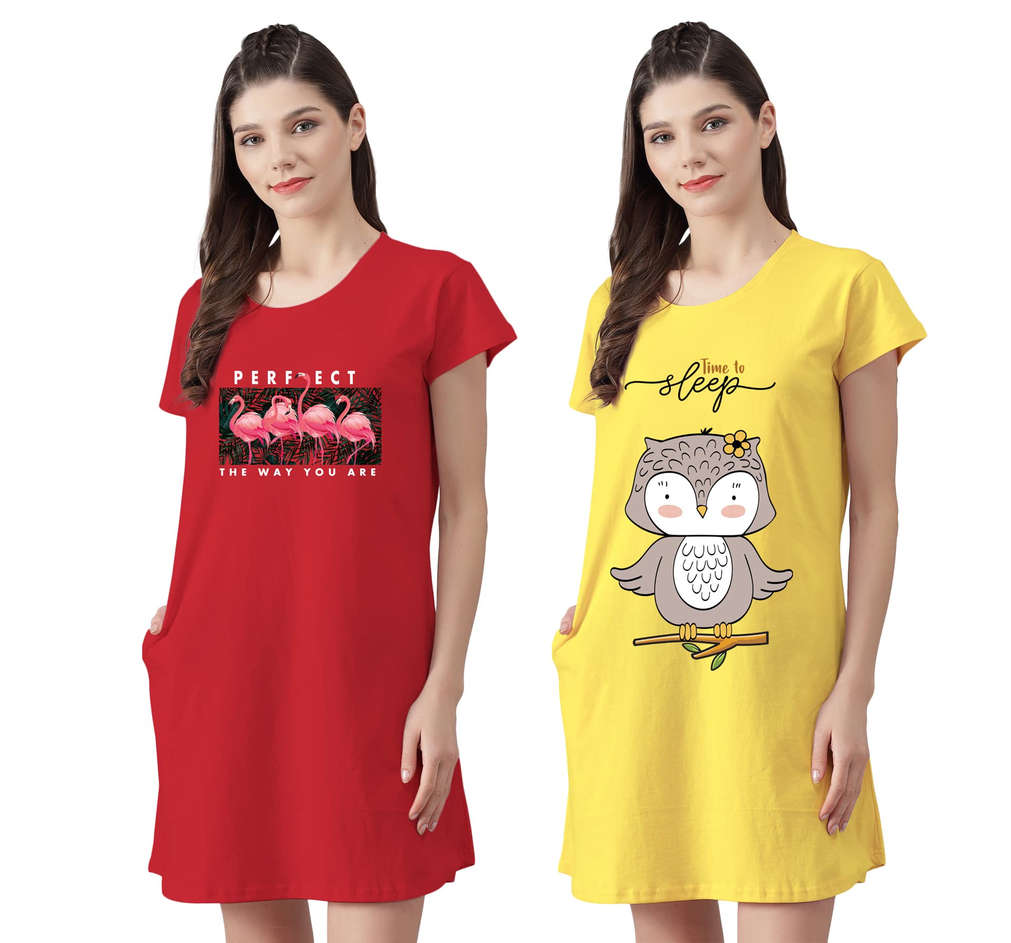fflirtygo Women’s Cotton Nighty | Printed Knee Length Night Gown |Relaxed Fit Nightwear |Short Nightdress| Long T-Shirt | Sleepwear & Casual Wear Nighty (Pack of 2)-picture-7