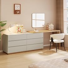 Modern Expandable Vanity Desk, 56-98.5 Inches, Adjustable L Shape Makeup Table with 6 Drawers, Bedroom Dressing Table Organizer, Light Gray with Natural Wood Finish