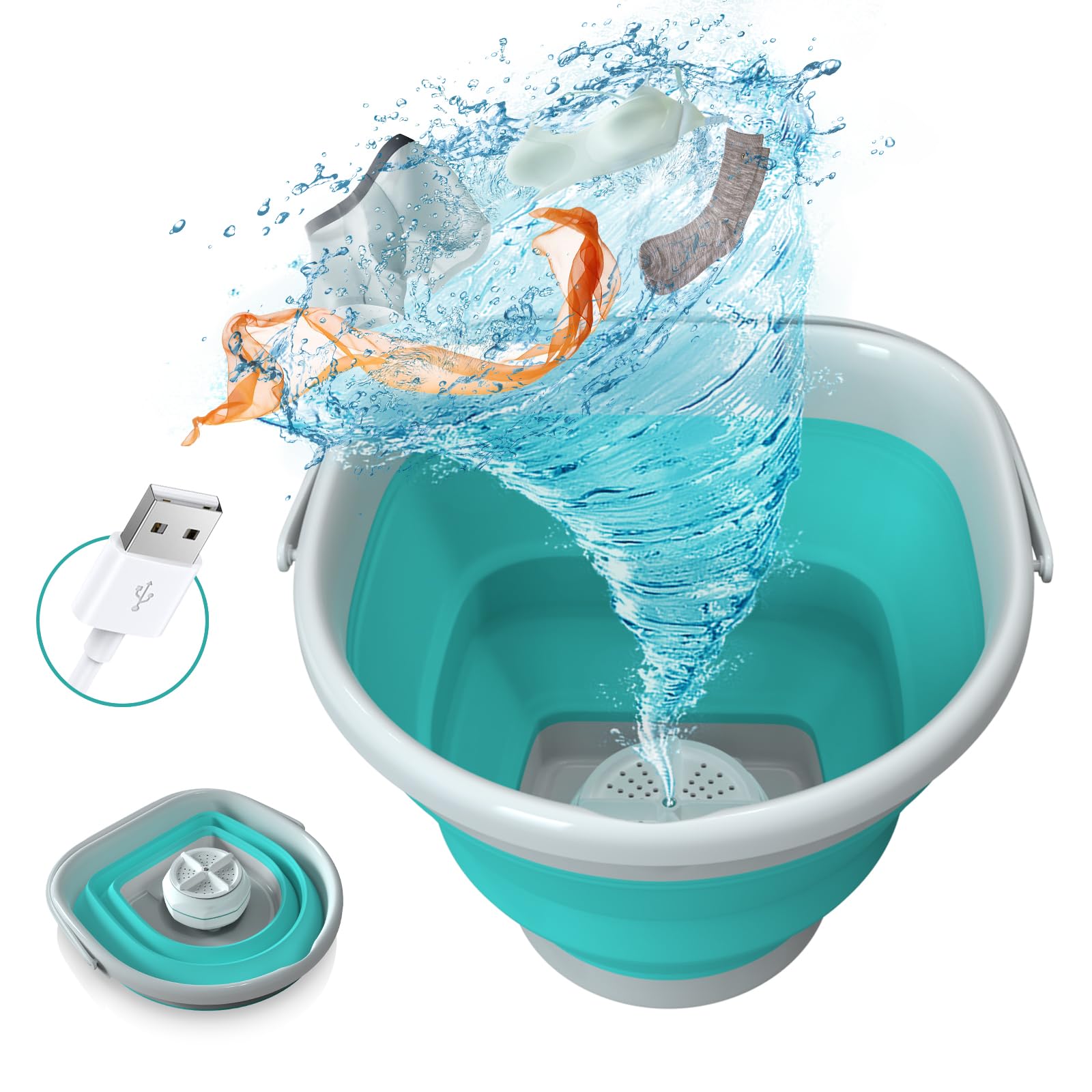 Mini Washing Machine, 10L Foldable Laundry Tub Portable, Ultrasonic Turbine Washer by USB Powered, Compact Baby Clothes Washer for Home Travel Apartments Dorms Socks Underwear Bra
