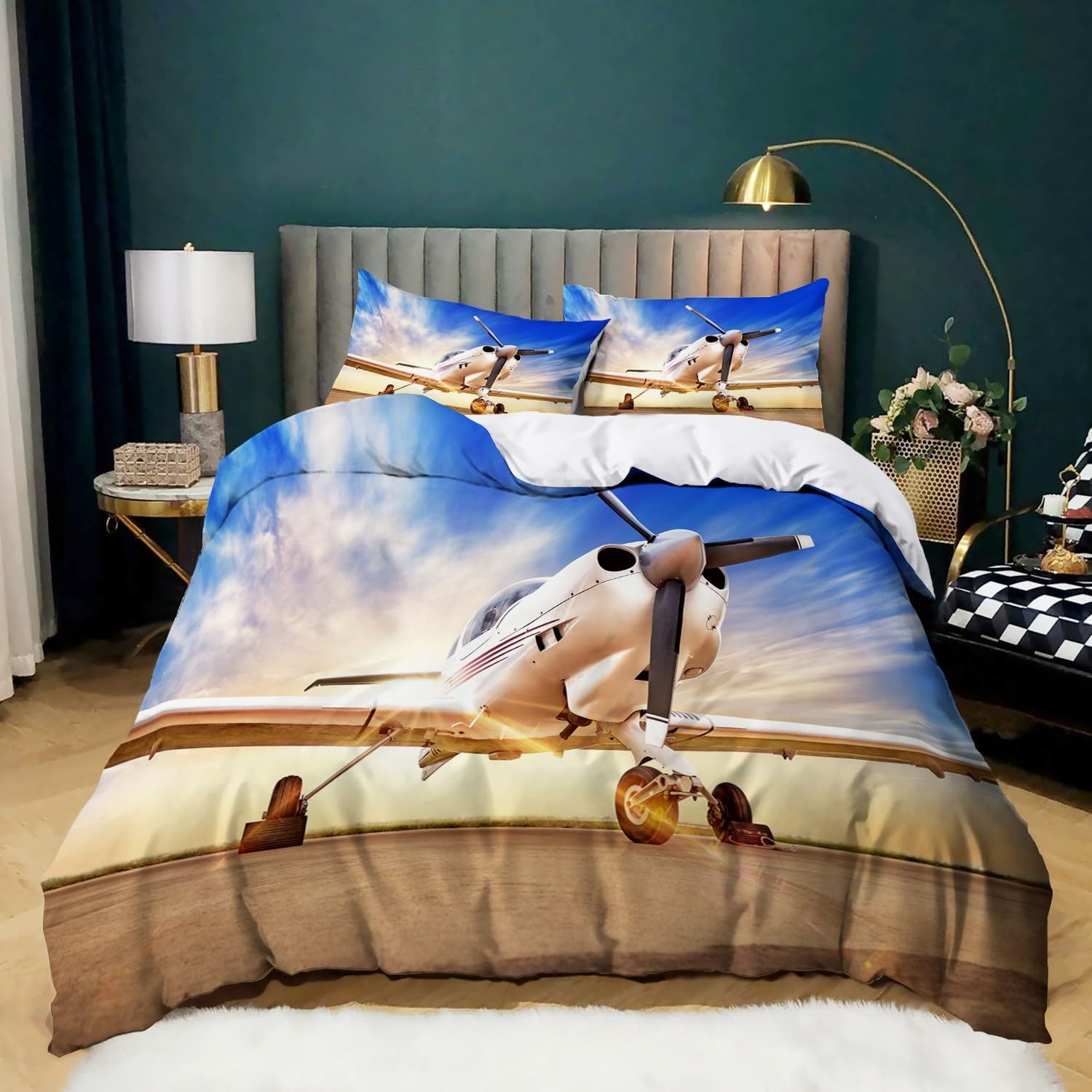 XCQHZYQ Super King Duvet Cover Set Propeller Aircraft Soft Microfiber Print Duvet Set with Zipper Closure, Easy Care Comforter Bedding Quilt Pillowcases Cover Set 260x220 cm