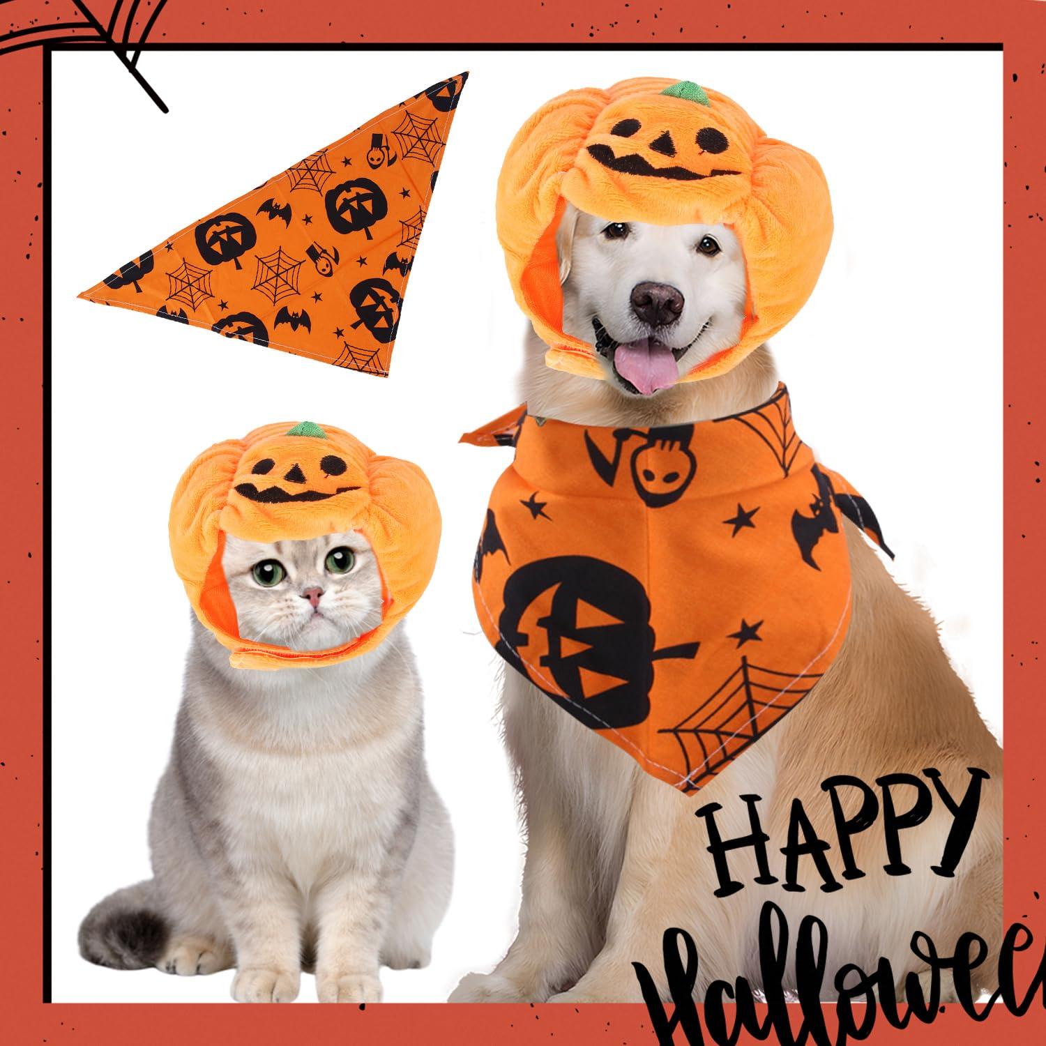 MEISH 2pcs Halloween Pet Pumpkin Hat and Halloween Dog Bandana Triangle Scarf Adjustable Pumpkin Cap Puppy Kitten Party Dress Up Accessories for Cosplay - Image 3