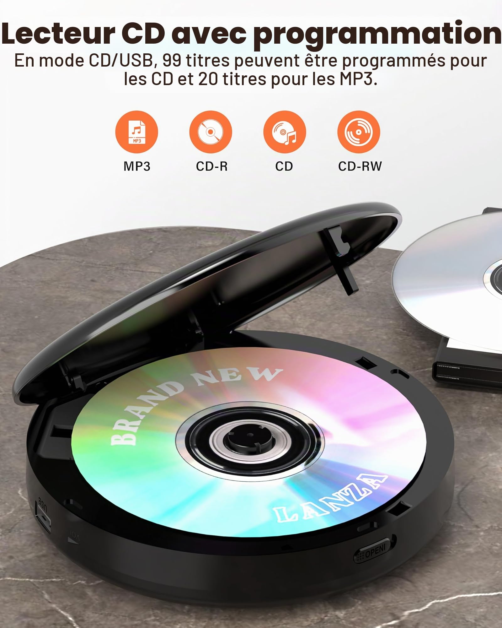 Lecteur CD Portable Greadio avec écouteurs, Lecteur CD Discman avec Fonction Anti-Saut/résistant aux Chocs et Batterie Rechargeable de 2000 mAh, émetteur FM Compatible, Port USB, Sortie AUX