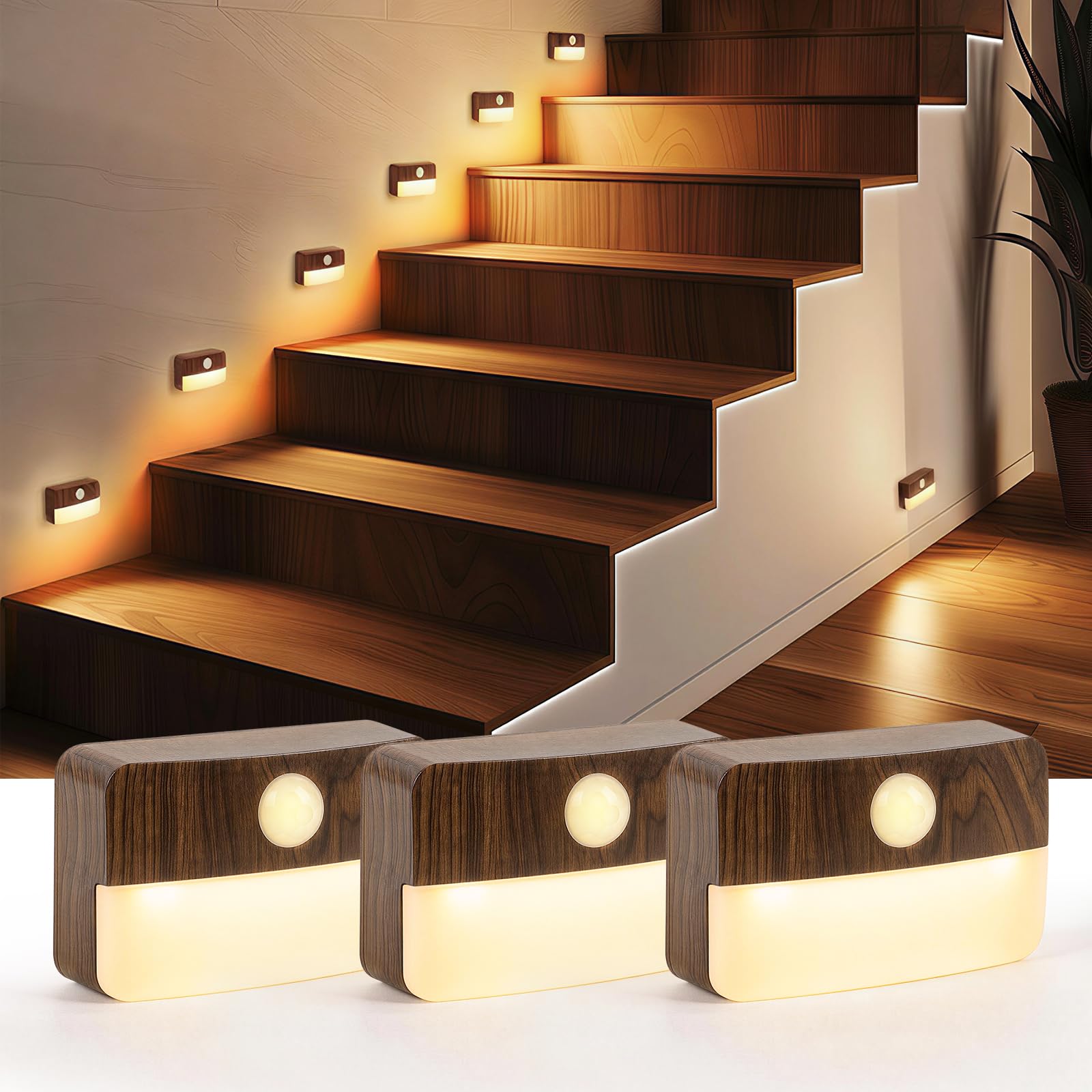 Guankai 3 Pack Motion Sensor Stair Light for Indoor, Battery Operated Night Lights, Stick on Anywhere Wireless Hallway Lamp, Portable Led Closet Lamps for Bedroom Under Cabinet Kitchen, Wood Grain