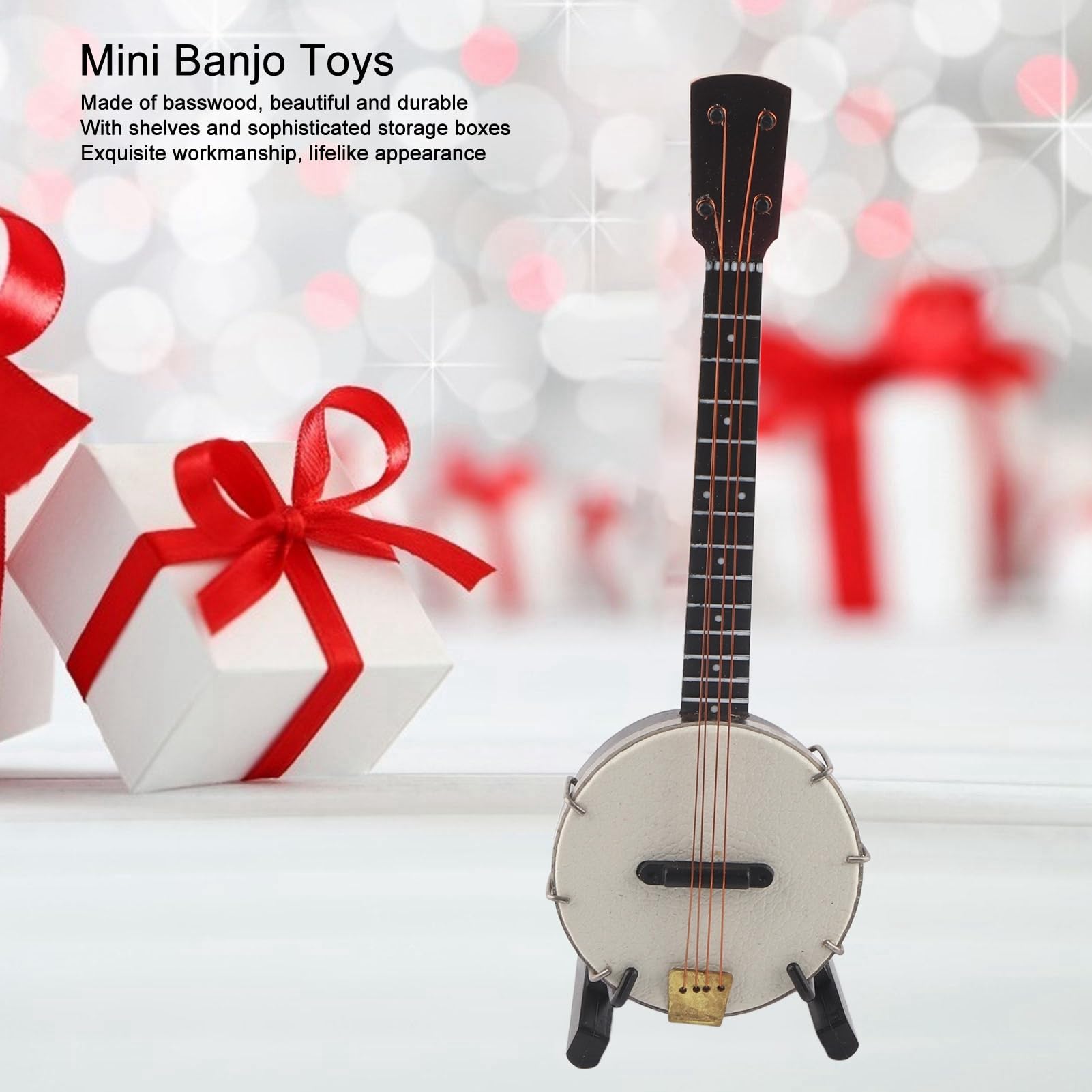 Pssopp Modèle de Banjo Miniature, Basswood Construction Mini MuI Musical Instrument Collection Dollhouse Accessoires pour Cadeaux Décoration des Jouets
