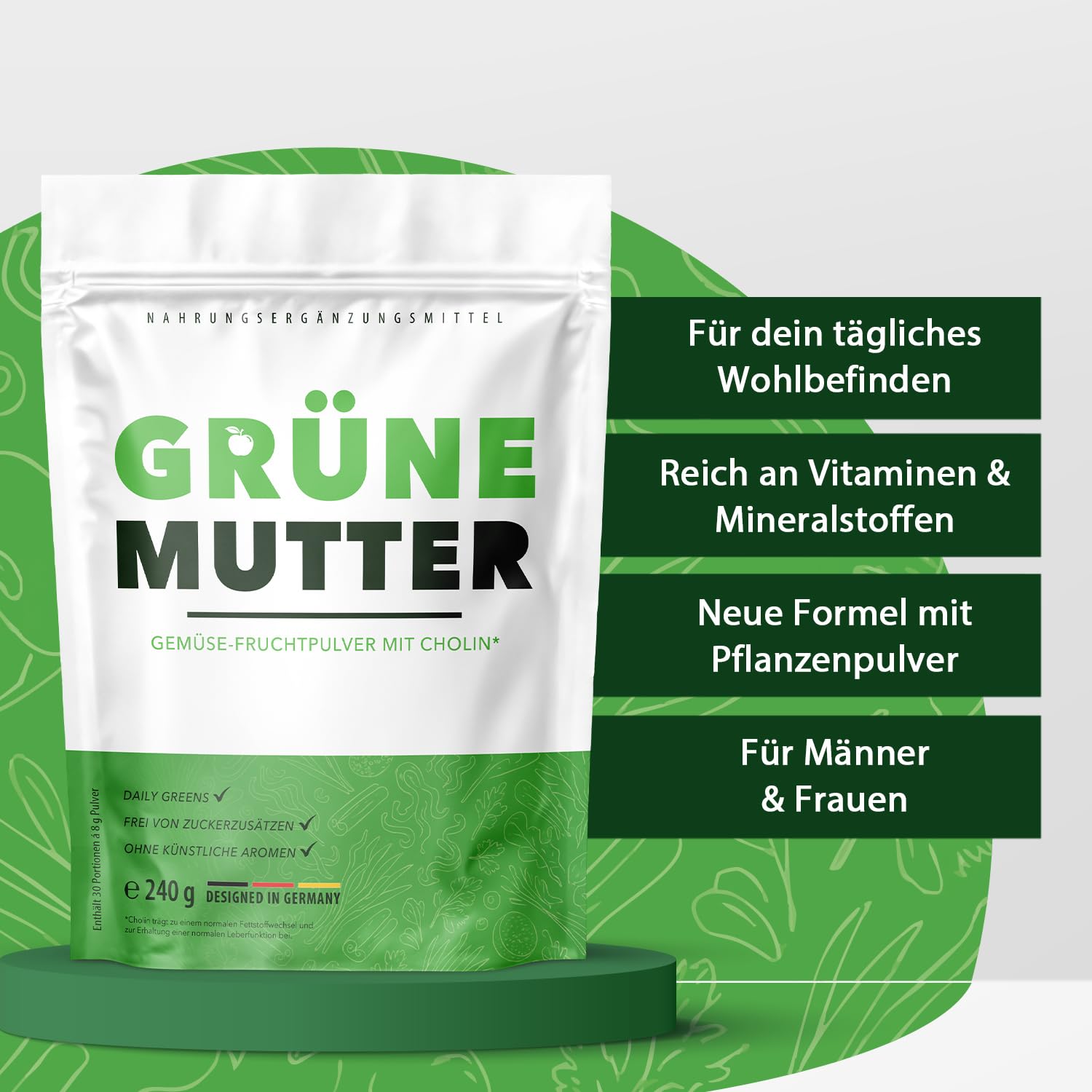 Grüne Mutter Pulver | Mit wertvollen Inhaltsstoffen | Neutral im Geschmack | 240g