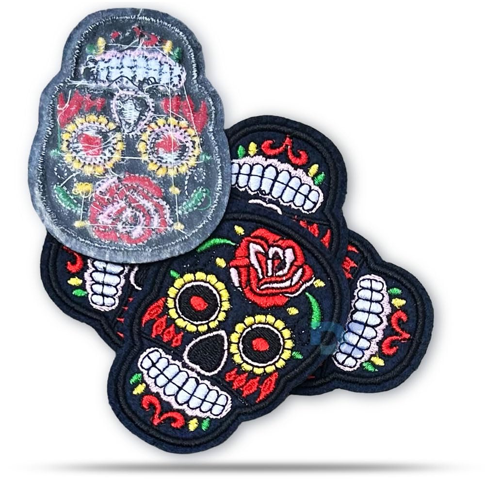 Daily Crafts 1pc Embroidered Patch Sew On/Iron On Patch Applique Bag Clothes Applique Dress Hat Jeans Sewing DIY Decoration| Candy Skull Navy Blue Color Base