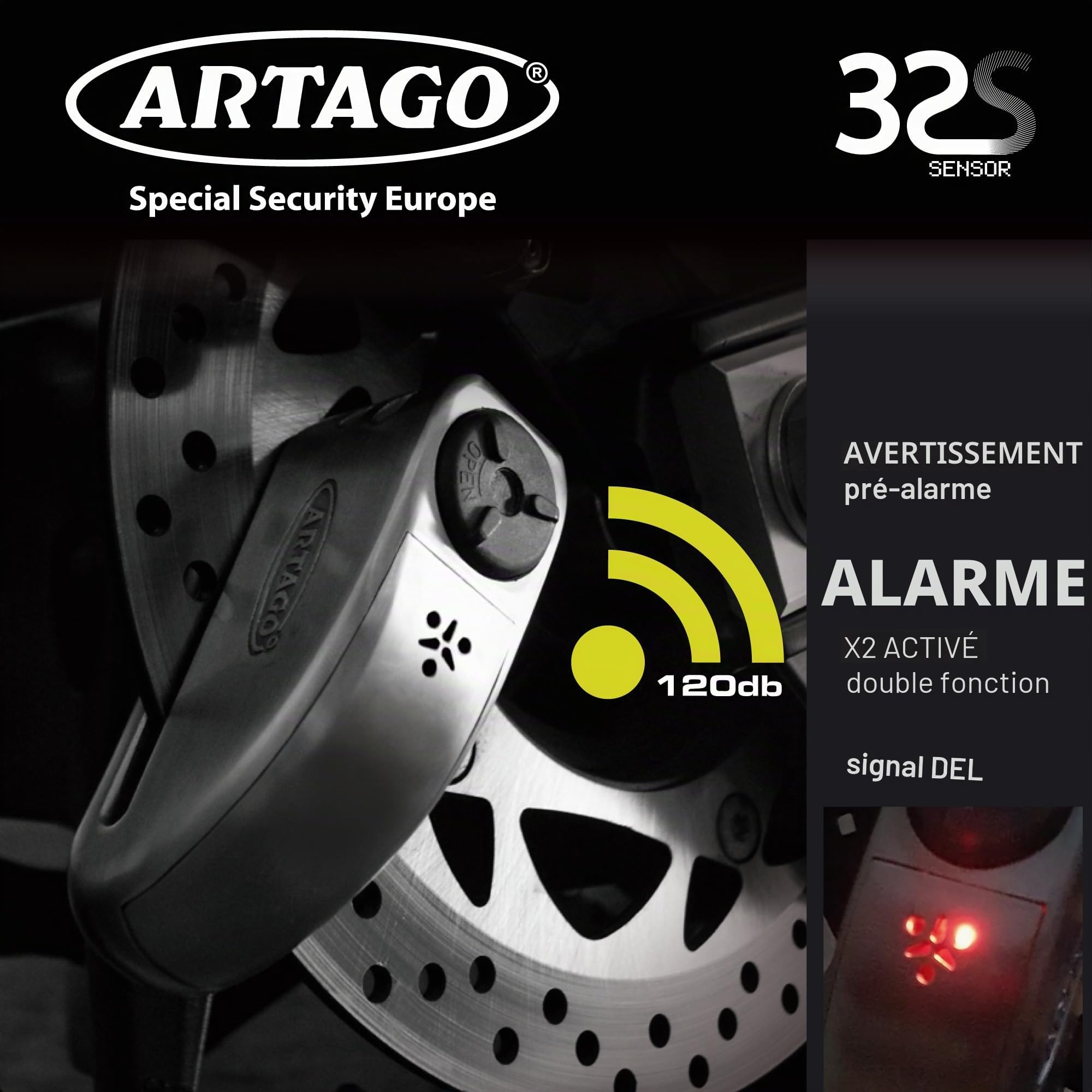 Artago 32S2 Pack Antivol Bloque-Disque avec Alarme 120db Haute Sécurité + Support pour Yamaha MT-07 et Tracer 700, Homologué SRA, Acier