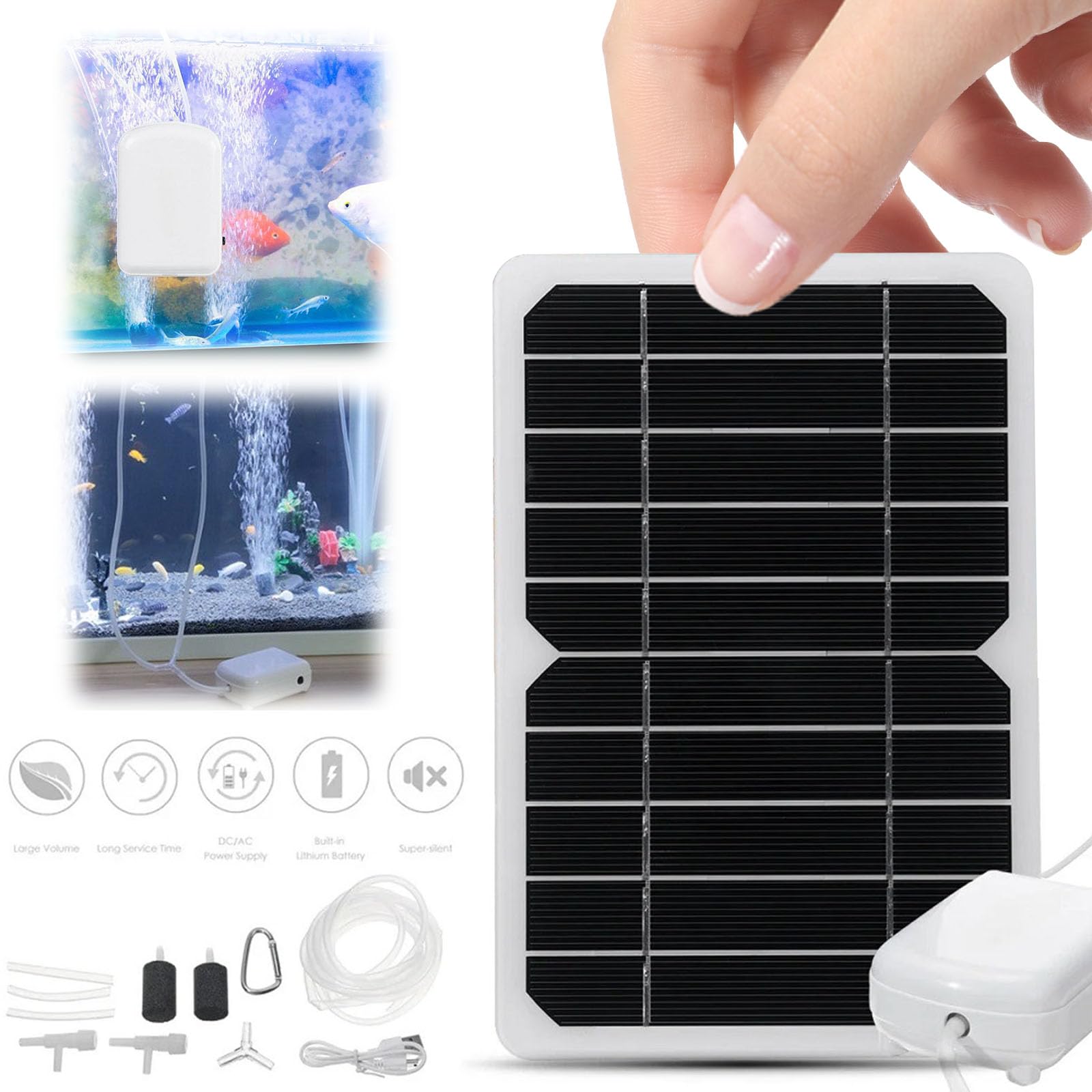 Pompe à oxygène Solaire pour étang, Pompe à air Portable 5W avec Panneau Solaire, Batterie intégrée de 2000mAh, Pierres à Bulles pour Piscine, hydroponie, Fontaine d'eau, Jardin