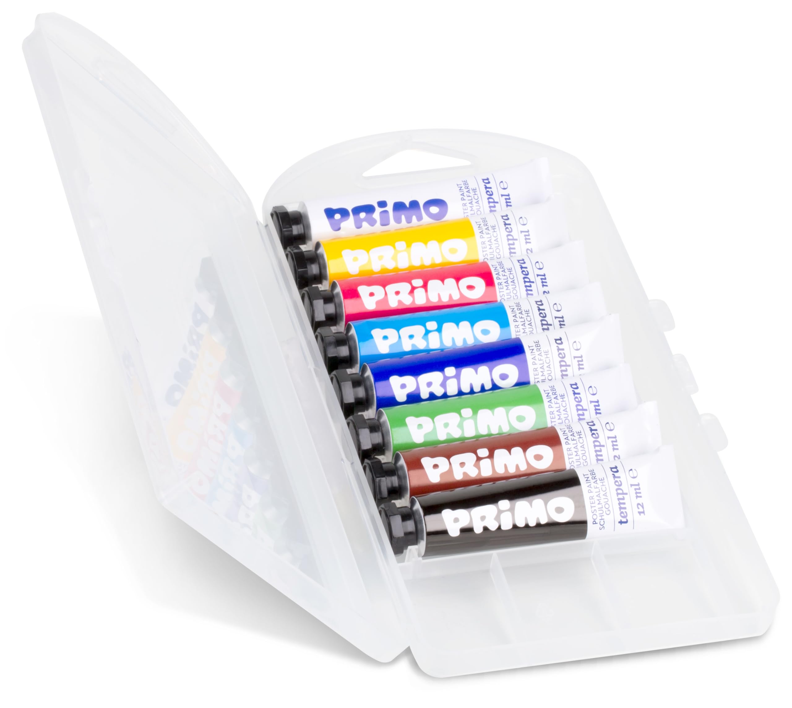 PRIMO - Tempere per Bambini +3 Anni, 8 Tubi da 12 ml, Colori Diluibili con Acqua, Colori a Tempera Fine Densi e Coprenti per Tessuti, Carta, Vetro, Lavoretti Creativi per Bambini e Hobby