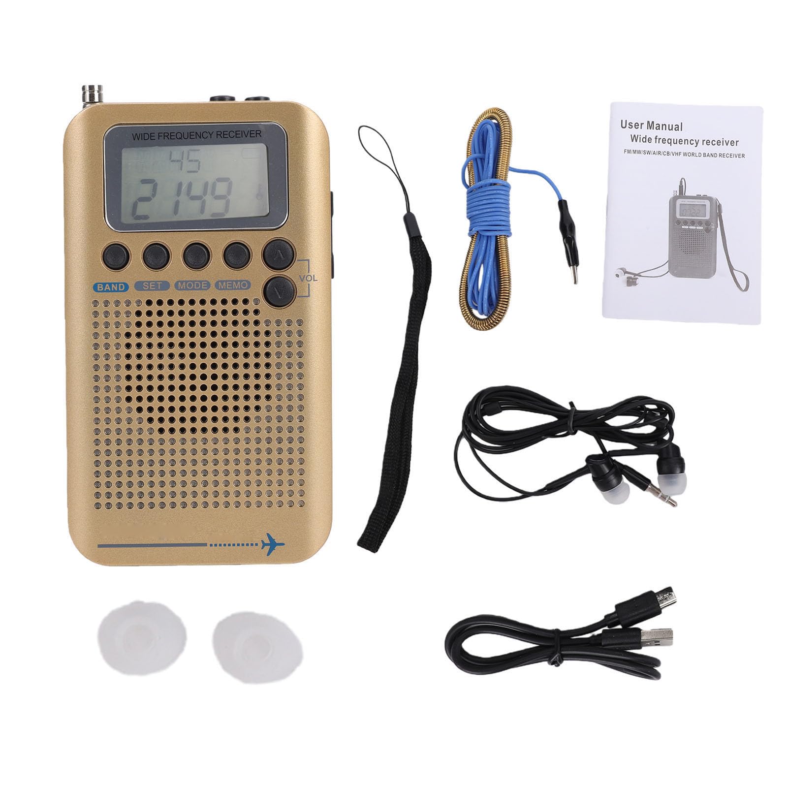 Receptor de Radio de Banda Aérea Banda Completa Am FM SW CB VHF Radio de Aviación Portátil con Pantalla LCD, Antena de Largo Alcance, Batería Recargable, Escáner Portátil para (Gold)