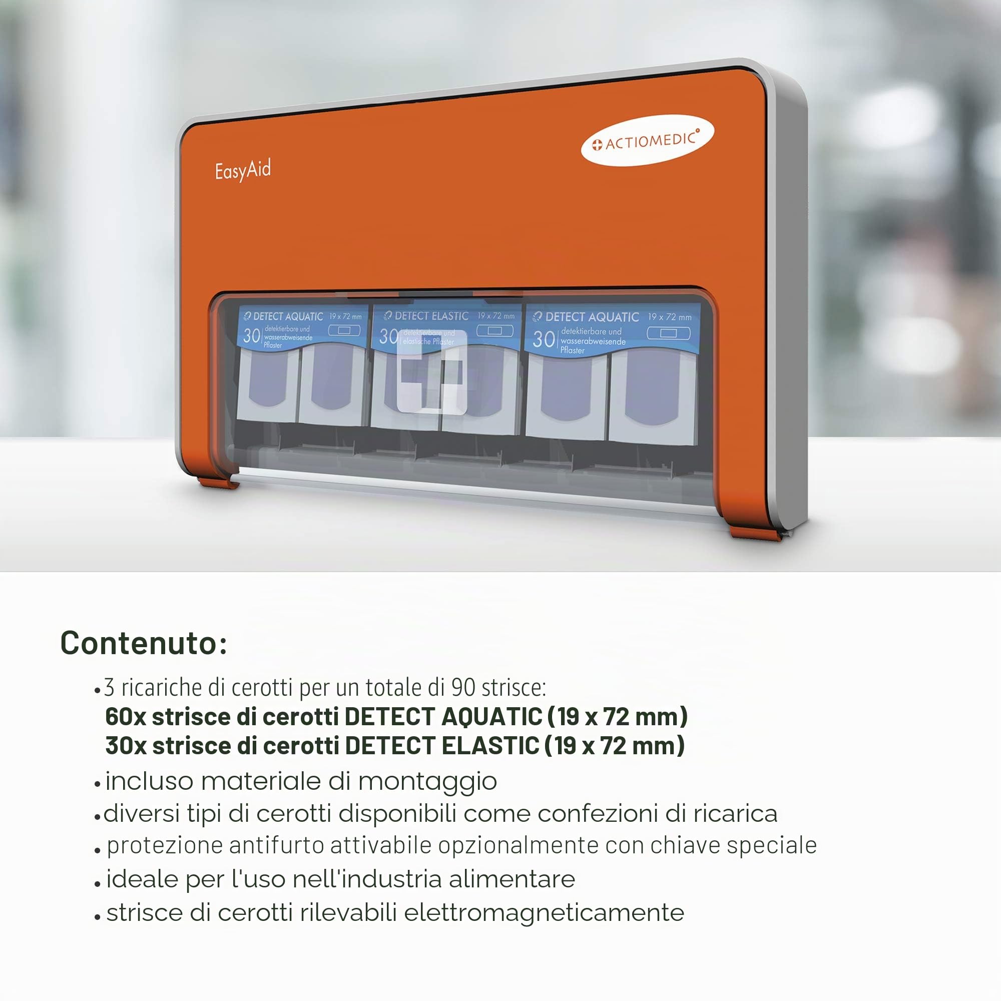 ACTIOMEDIC I Distributore di cerotti con DETECT, Include 90 pz cerotto rilevabile per l'industria alimentare, Sistema kanban e accessori montaggio a parete