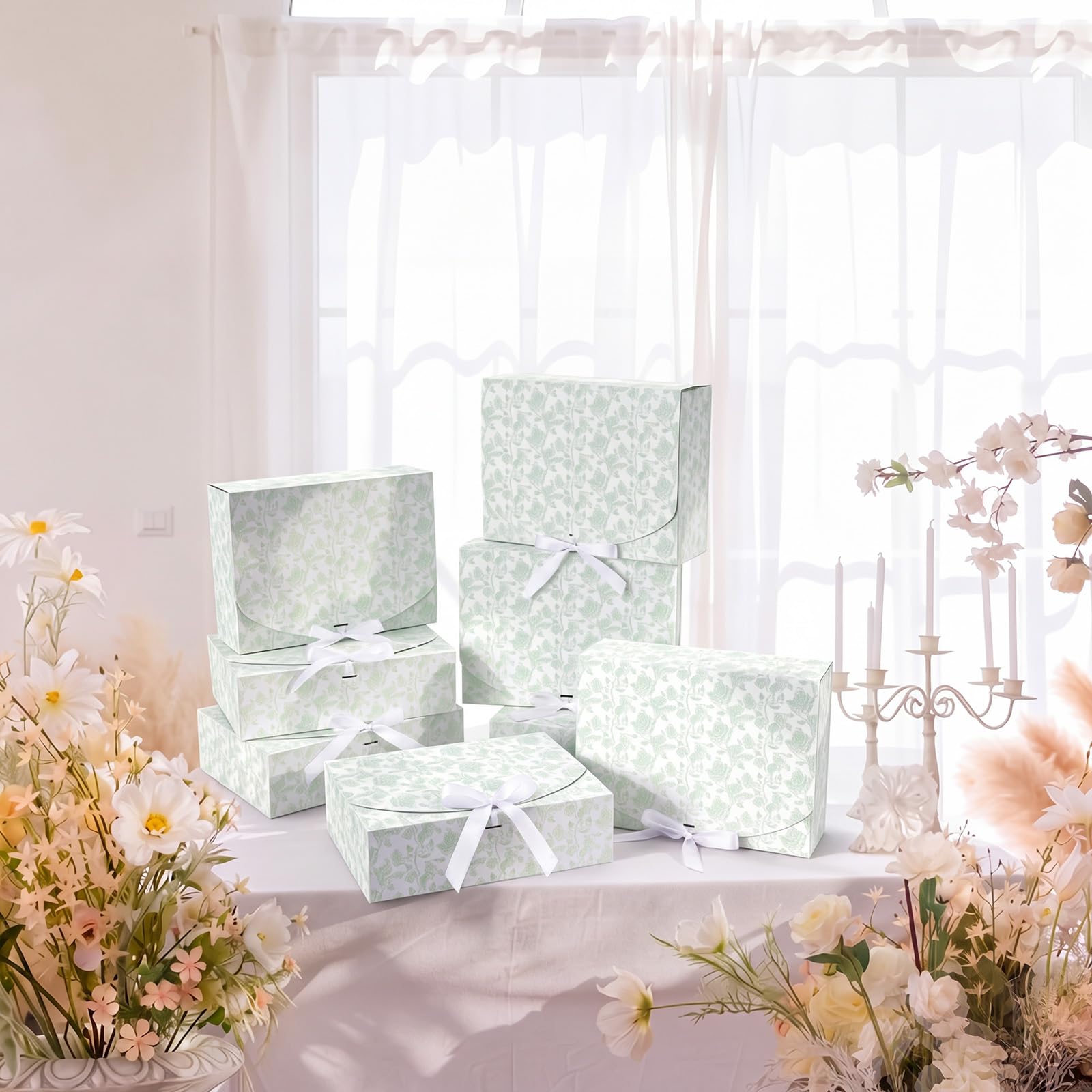 Kolldenn Confezione da 8 scatole regalo verdi floreali per proposte di damigella d'onore con coperchio a nastro, 20 x 26,9 x 8,1 cm, scatola di carta vuota per matrimoni, matrimoni, baby shower