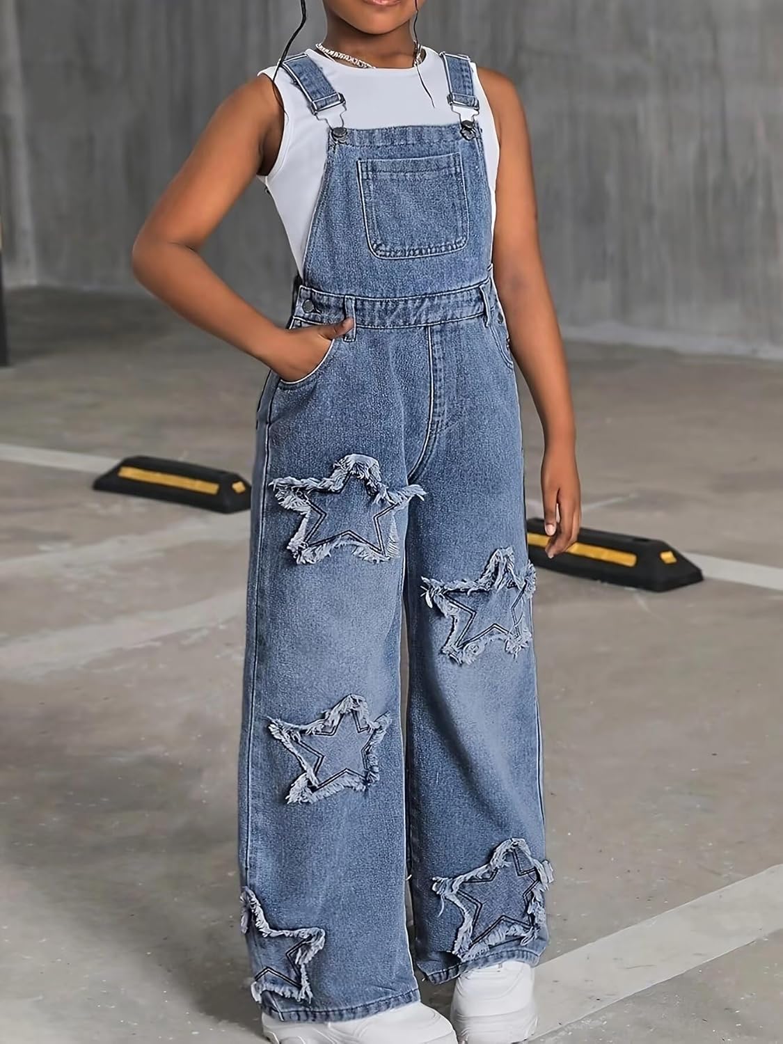 Girl's Wide Leg Denim Overalls Star Patchwork Adjustable Straps Baggy Jean Jumpsuits - Image 2