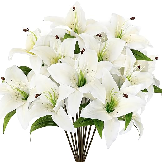 Riceshoot 12 Pcs Artificial Tiger Lily Flowers Real Touch Easter White Latex Fake Lily Bouquet Faux Flowers for Easter Indoor Home Table Office Wedding Decoration