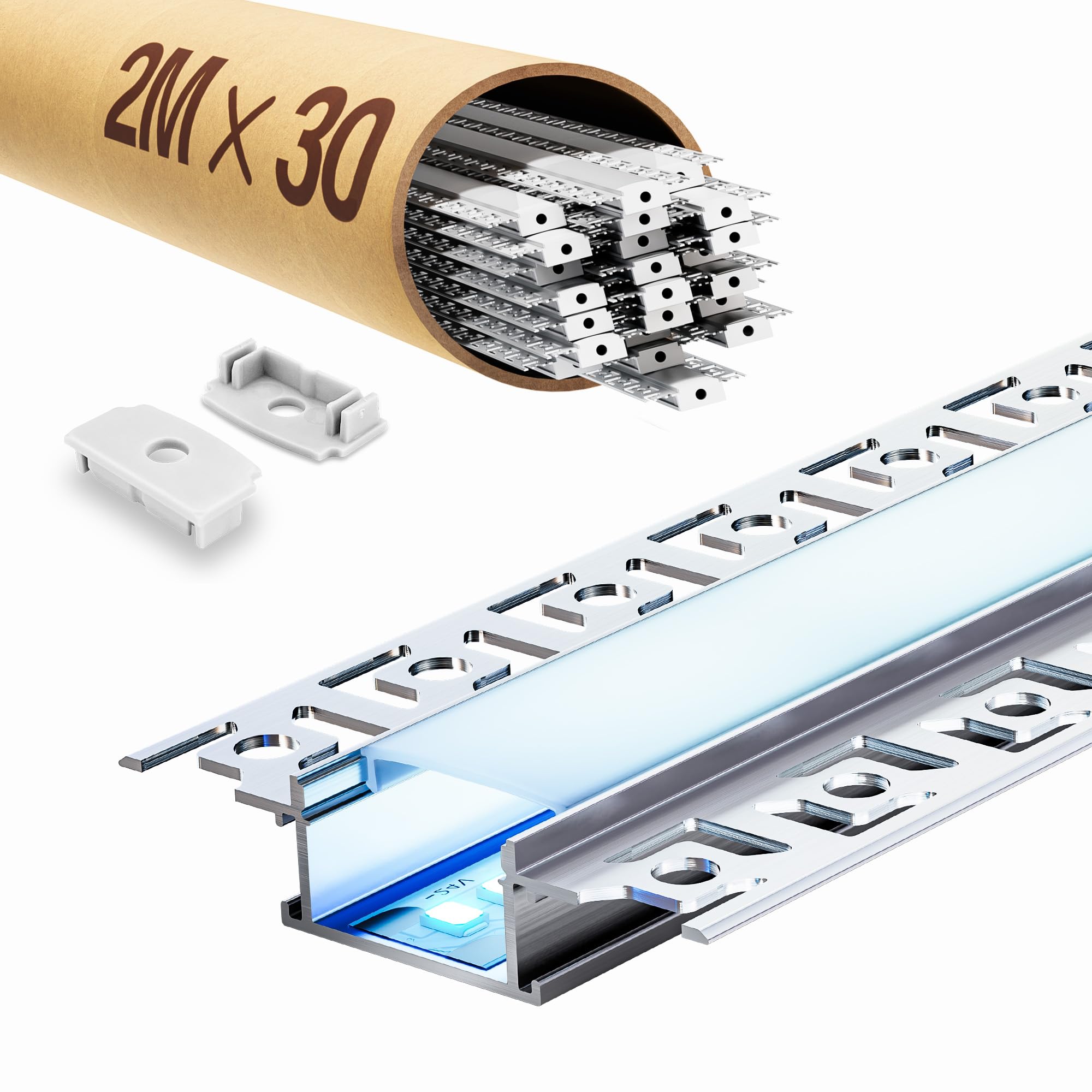 Profilo LED Cartongesso 2m – Profilo alluminio per strisce LED con Diffusore per luce uniforme – Canalina per striscia fino a 20mm per applicazioni versatili (SP44, 30 pezzi (60 m totale))