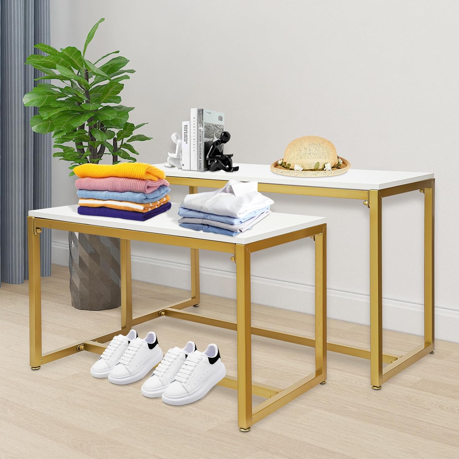 Metal Shoe Handbag Display Stand, 2 Pieces Retail Nesting Display Tables, Extra Large Boutique Display Riser Shelf, Standing Clothing Shoes Display Rack for Retail Stores, Clothing Stores (Gold)