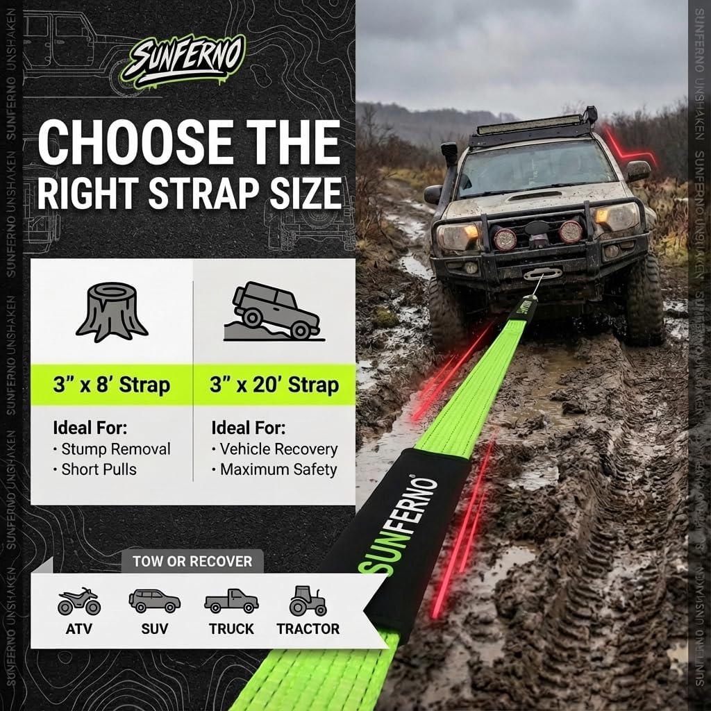 Sunferno Recovery Tow Strap 35000lb Break Strength - Lab Tested Heavy Duty 3"x20' Winch Snatch Straps - Recover Your Vehicle Stuck in Mud/Snow - Protective Loops - Off Road Towing Rope Truck Accessory