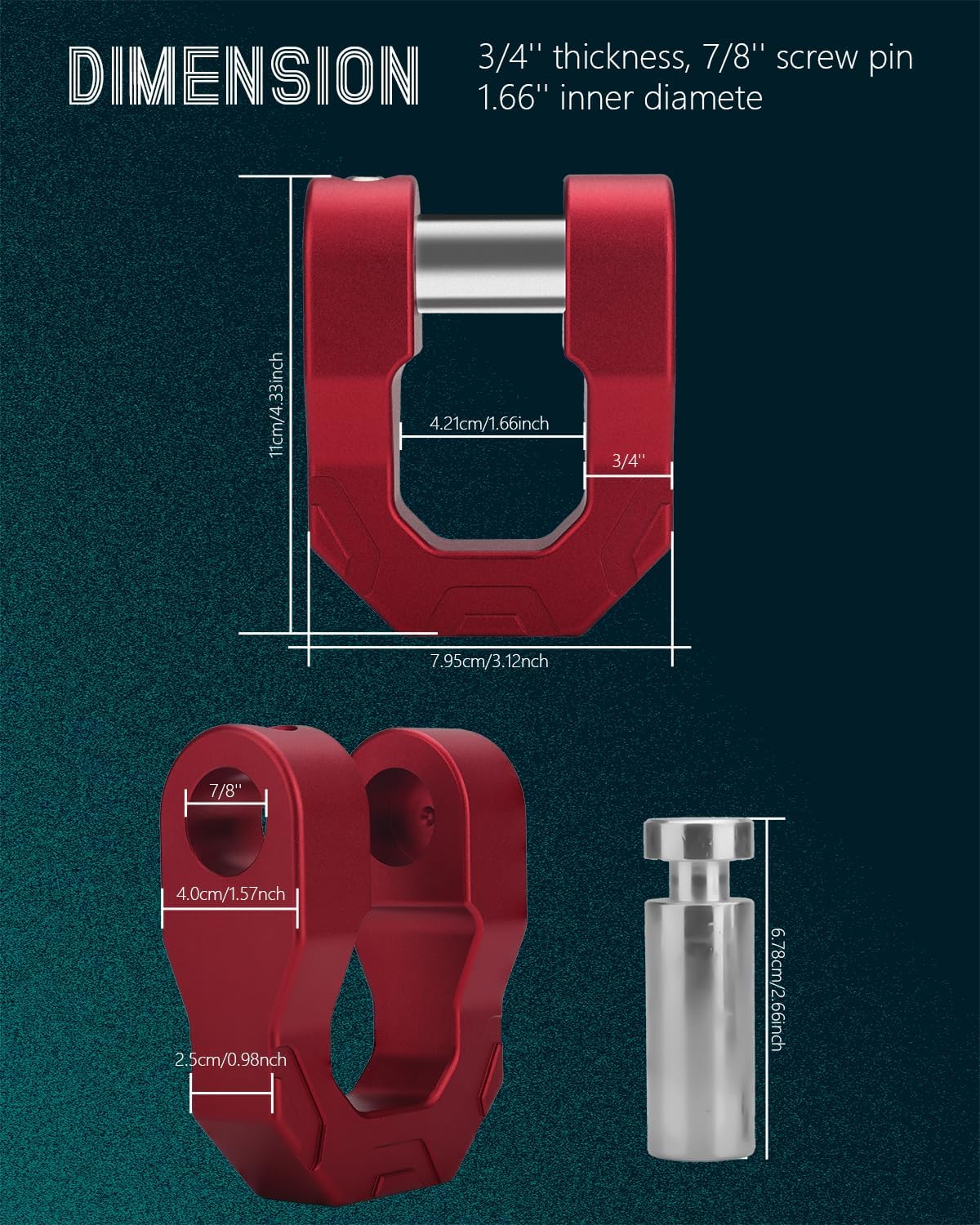 3/4 inch D Ring Shackle, 70,000lbs MBS 18,000lbs WLL with 7/8’’ Screw Pin Heavy Duty Aluminum Towing Shackle Work with Tow Strap Winch Recovery for Truck Trailer UTV ATV RV SUV, Red (2 Pack) - Image 7