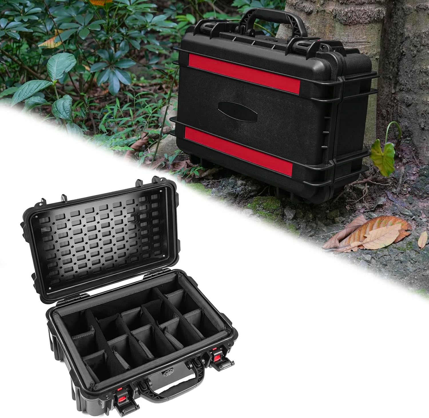 Waterproof Hard Case with Padded Dividers and Detachable Tactical Molle Panel Customizable Foam for Cameras, Lenses, Dual DJI Mavic/Air/Mini Drones and Outdoor Adventure Products