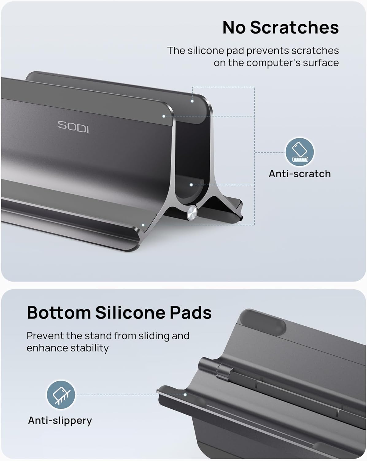 SODI Vertical Laptop Stand for Desk, Aluminum Laptop Holder Compatible with MacBook Pro, MacBook Air Stand Up to 17 inch, Gravity Auto-Lock Cooling, 3in1 Space Saving Desk Organizer Accessories, Gray