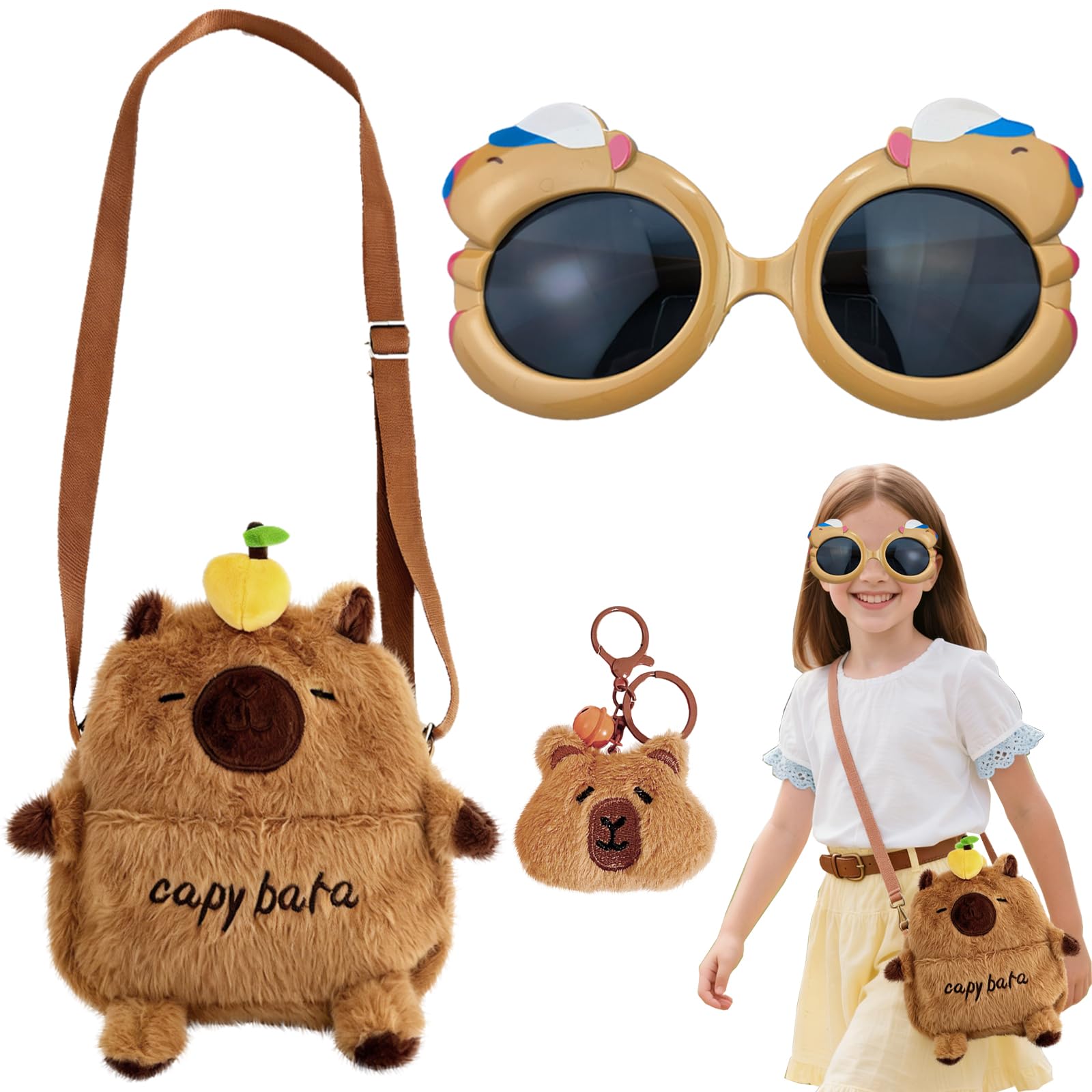 LUKIUP Set di 3 borse Capybara in peluche, con occhiali da sole, ciondolo Capybara, ideale per scuola, shopping e viaggi, portatile, per cellulare, chiavi e portafoglio