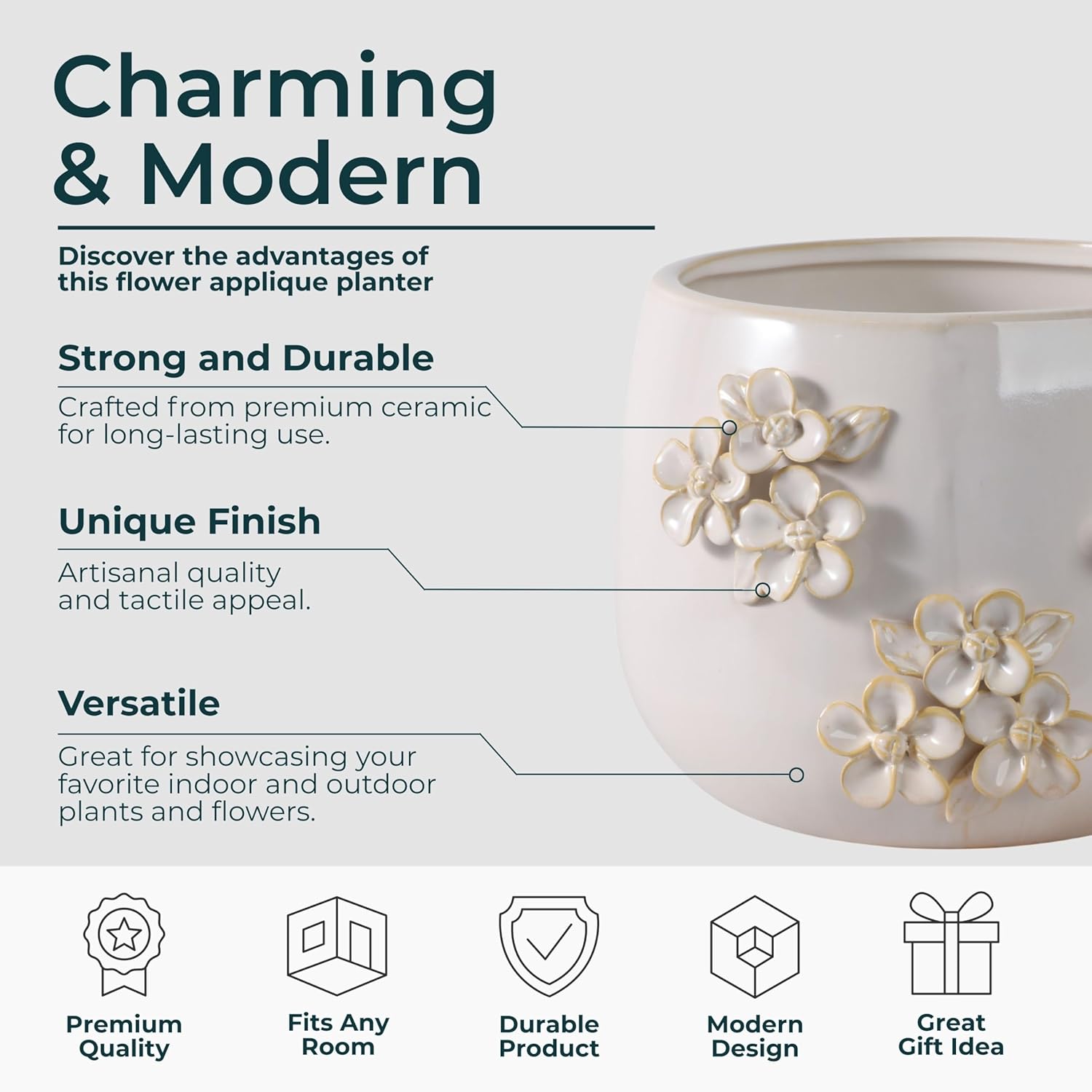 Decorative Ceramic Plant Pot for Home Decor - Charming 3 Bunch Flower Pots for Indoor and Outdoor Plants - Modern Pots for Plants for Entryway, Patio, and Plant Stand Indoor Display - 7", Ivory