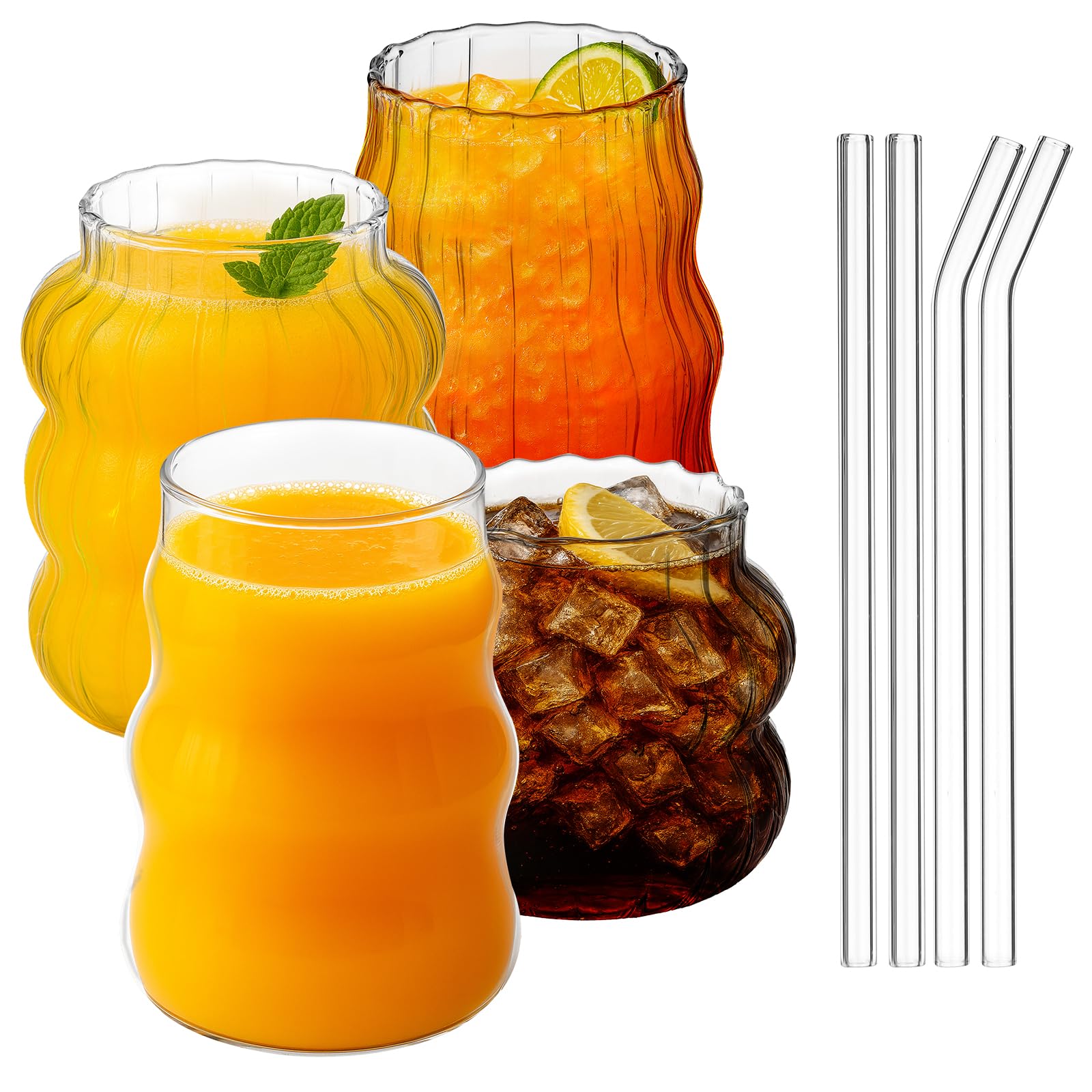 MAQUITA 4 vasos de vidrio acanalado con popote de vidrio, cristalería vintage con diseño en forma de onda, tazas de burbujas para café helado, jugo, bebidas, leche, cócteles, té de burbujas y más