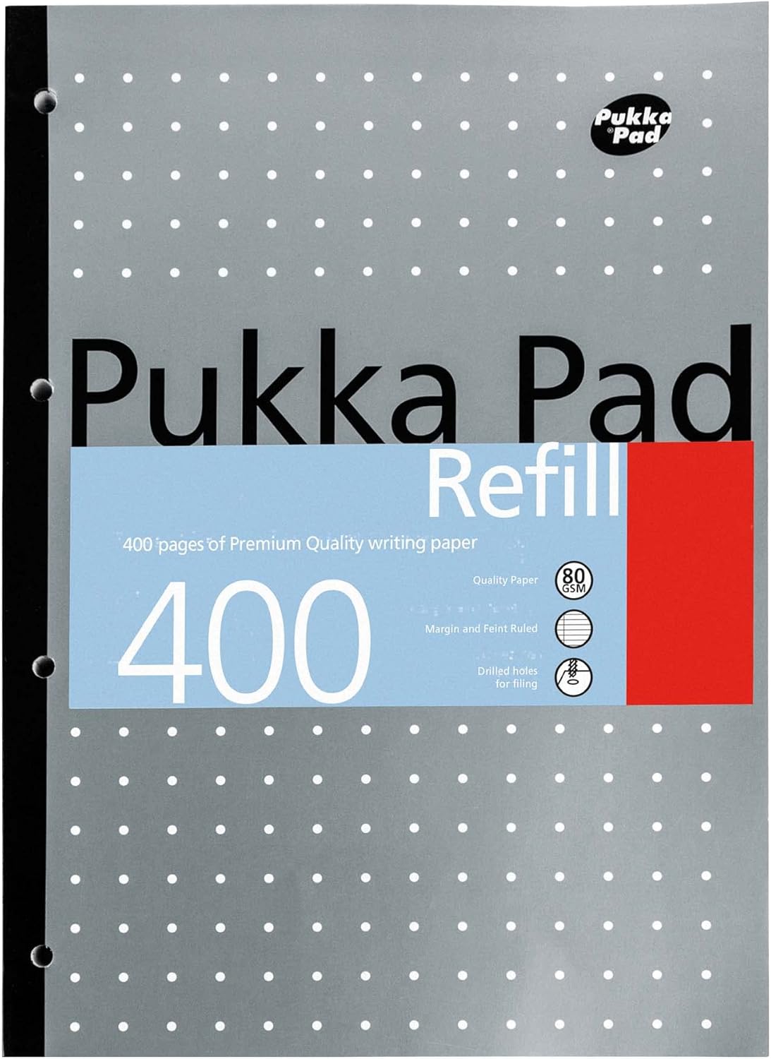Pukka Pad A4 Refill Notepad – 5 Pack of Notebooks with 400 Pages of 80GSM Paper, 4-Hole Punch Margins, and Feint Ruled Lines – 29.7 x 21cm,Blue,White,Pink,Silver